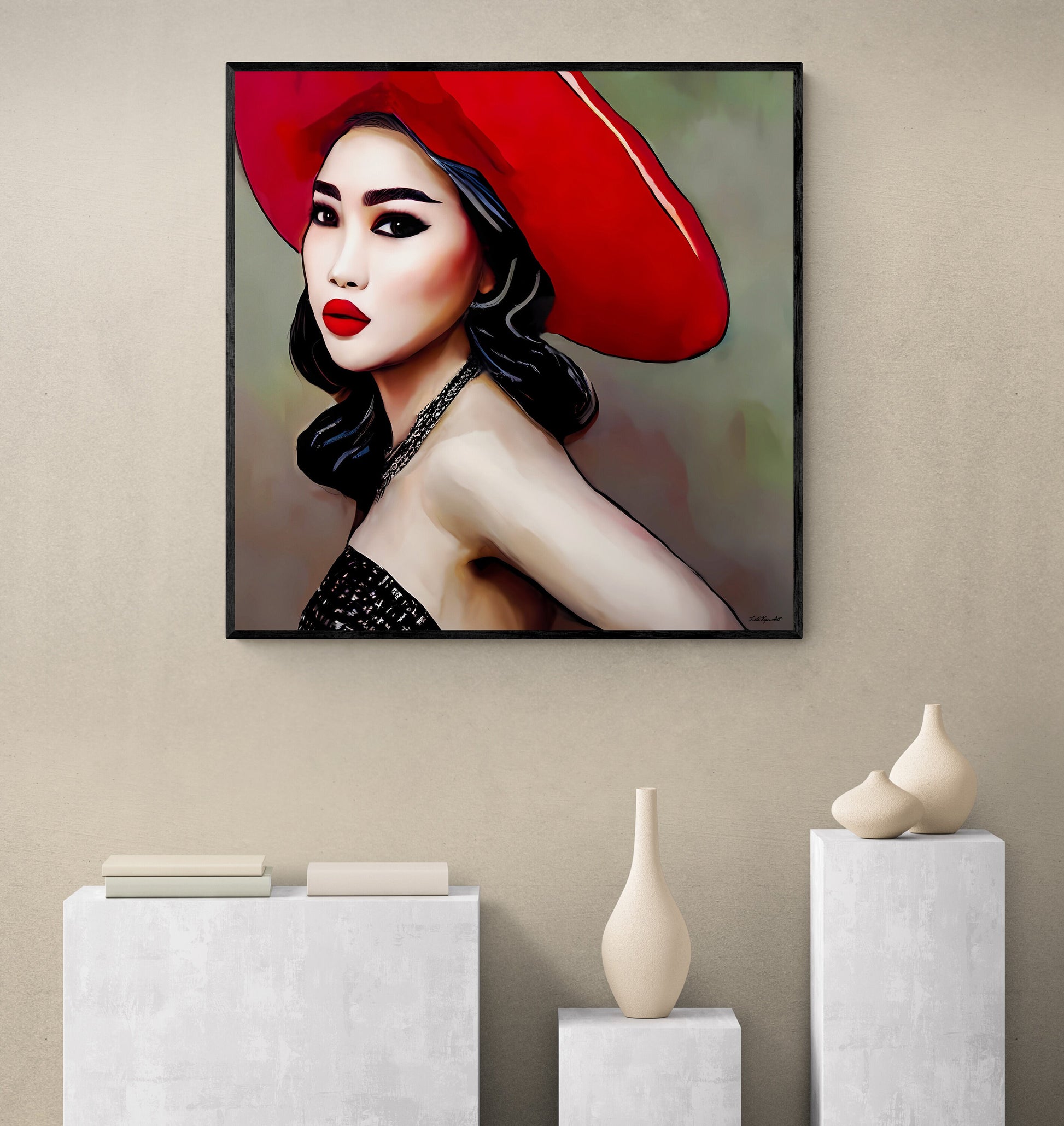 beautiful asian woman in red hat framed canvas wall art, wall art living room framed, framed woman wall decor, feminine framed wall art - LOLA VEGAS ART