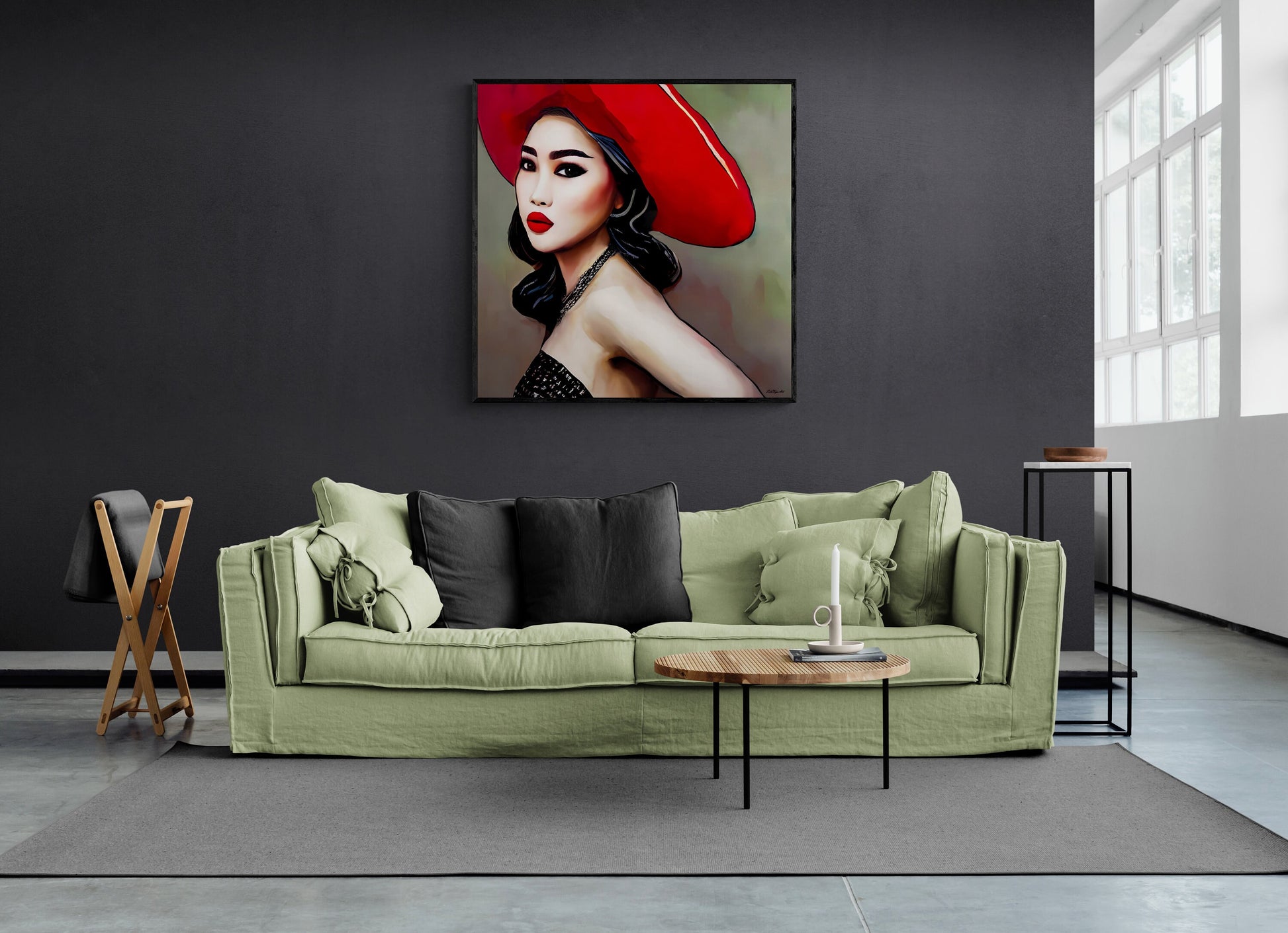 beautiful asian woman in red hat framed canvas wall art, wall art living room framed, framed woman wall decor, feminine framed wall art - LOLA VEGAS ART