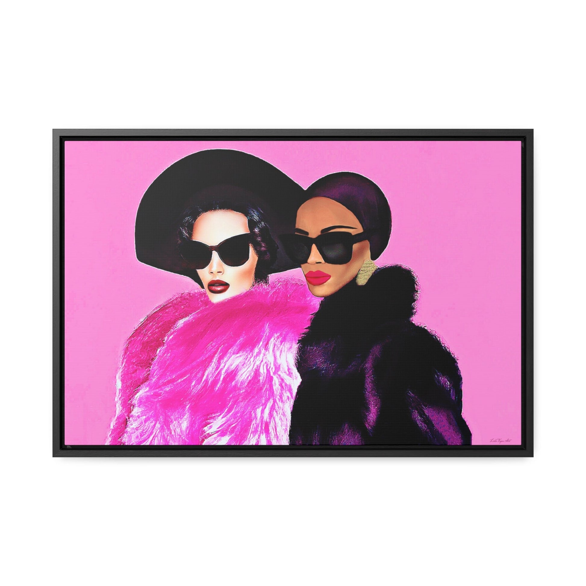 two women latina and black in fur coats and hats framed canvas wall art, wall art living room framed, pink wall art, glamourous wall art - LOLA VEGAS ART