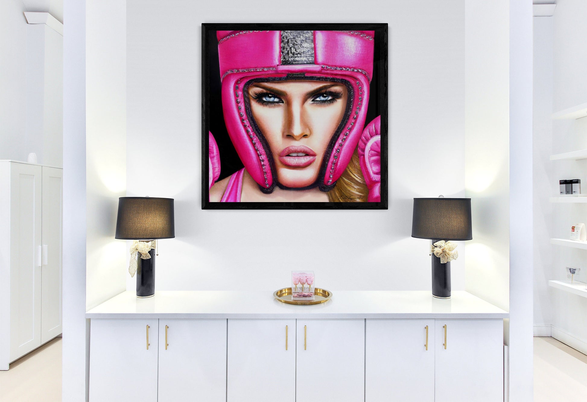 beautiful female boxer in hot pink helmet framed canvas wall art, unique art, powerful woman, strong goddess, wall art woman, unique art - LOLA VEGAS ART