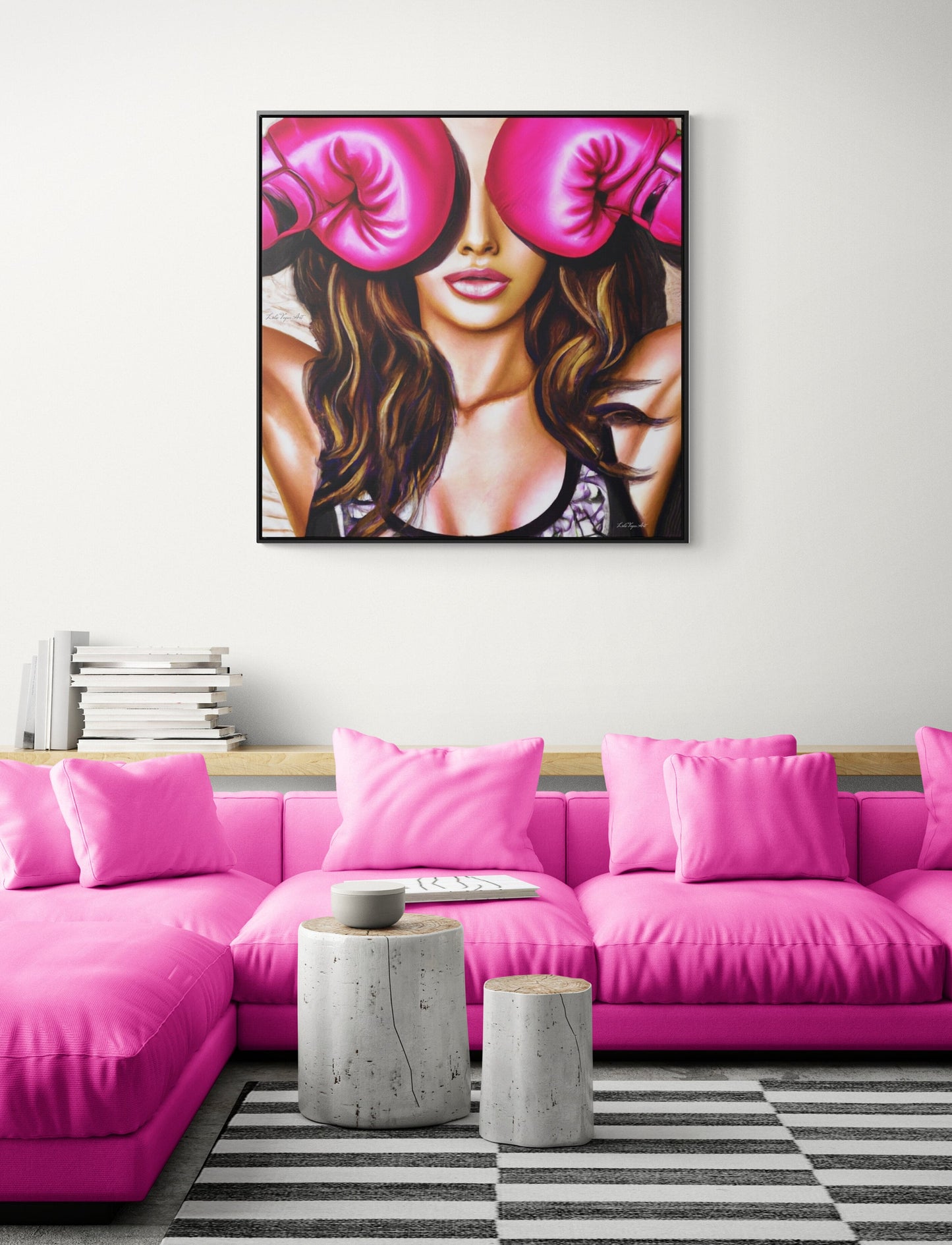 female boxer with pink gloves framed canvas wall art, unique art, powerful woman, , wall art living room framed, framed bedroom wall art - LOLA VEGAS ART