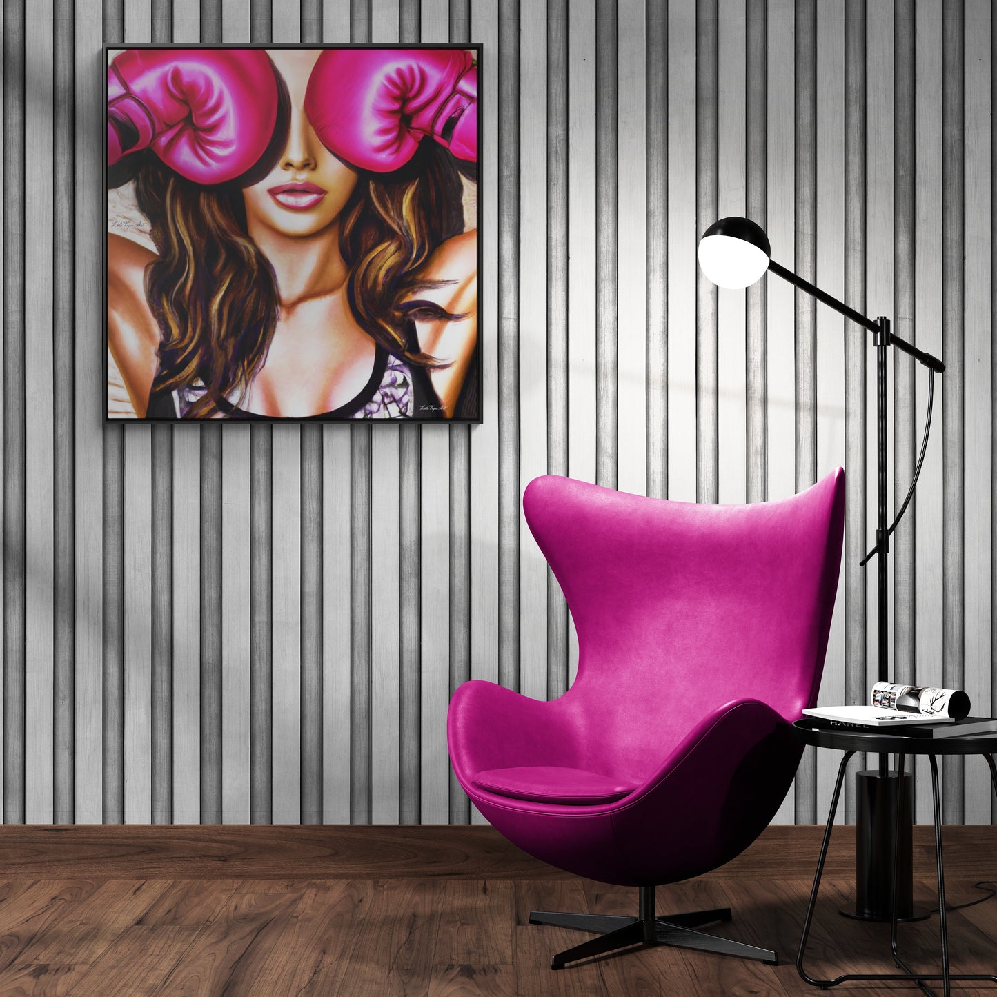female boxer with pink gloves framed canvas wall art, unique art, powerful woman, , wall art living room framed, framed bedroom wall art - LOLA VEGAS ART