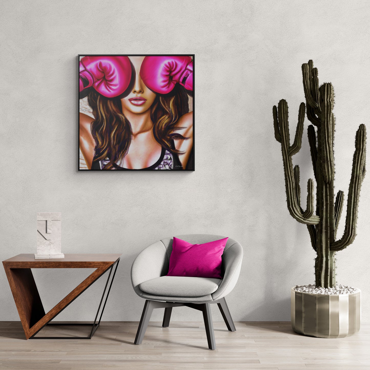 female boxer with pink gloves framed canvas wall art, unique art, powerful woman, , wall art living room framed, framed bedroom wall art - LOLA VEGAS ART
