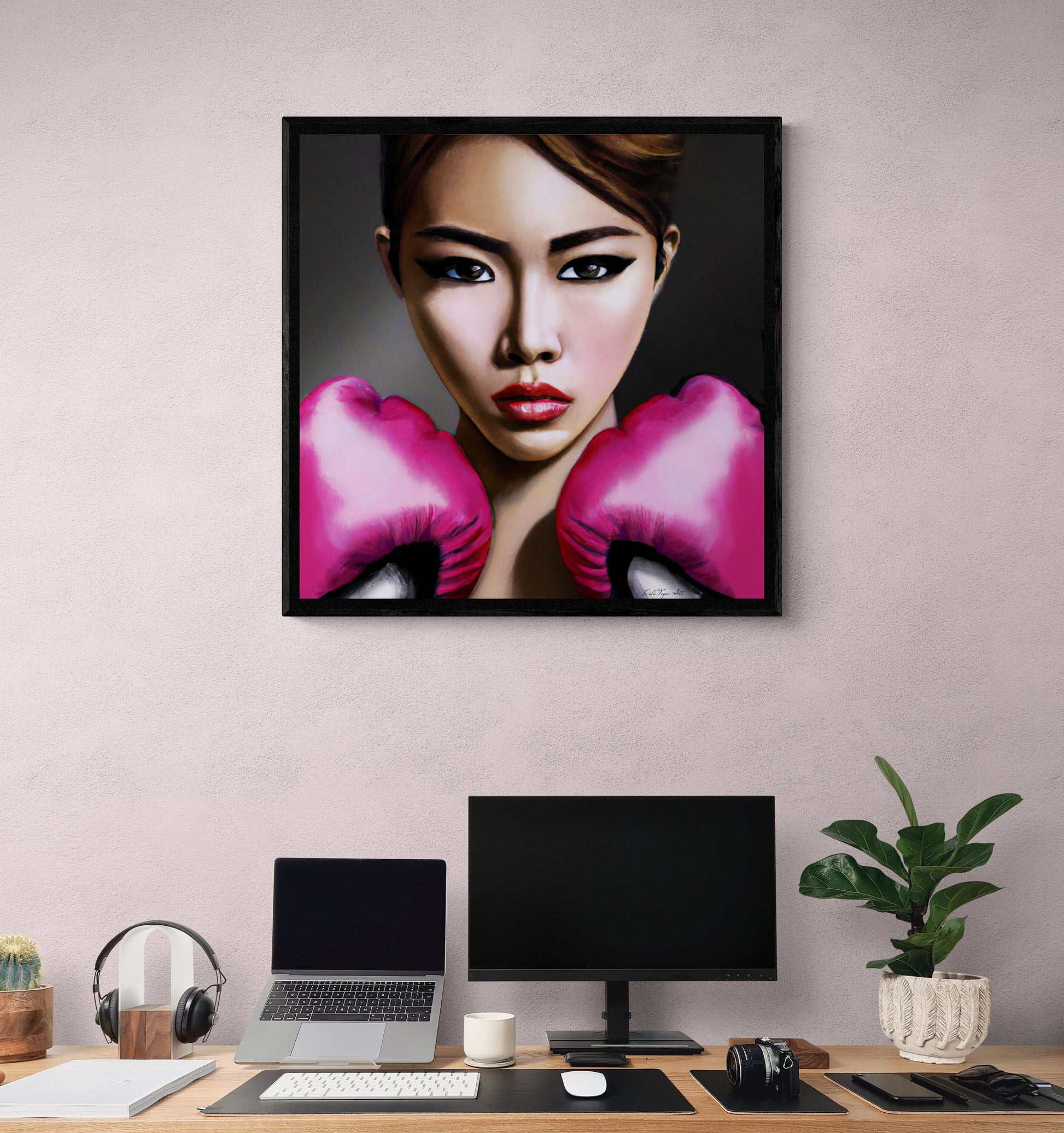 asian woman female boxer with pink gloves, powerful woman, feminist art, boxing art, wall art living room framed, framed bedroom wall art - LOLA VEGAS ART