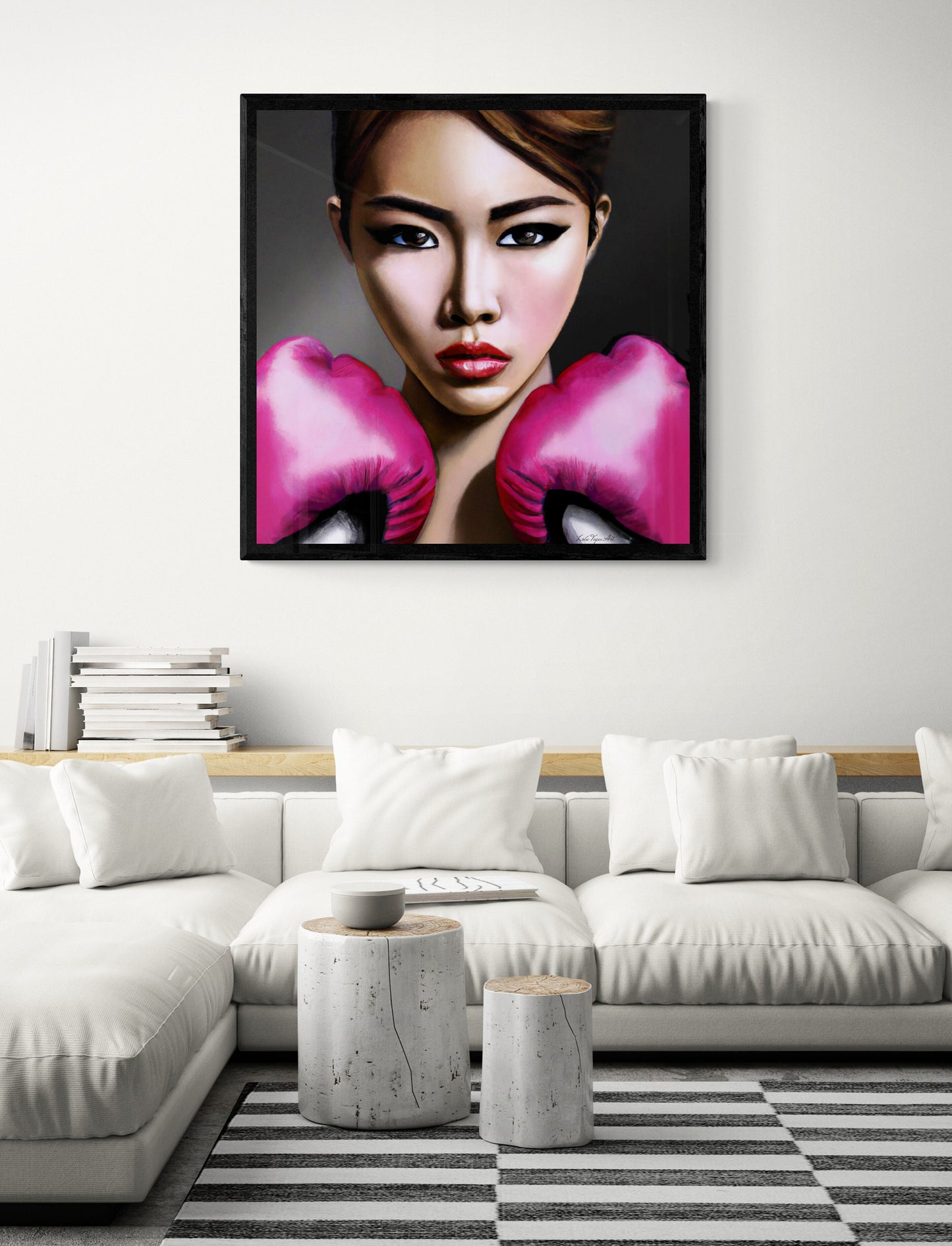 asian woman female boxer with pink gloves, powerful woman, feminist art, boxing art, wall art living room framed, framed bedroom wall art - LOLA VEGAS ART
