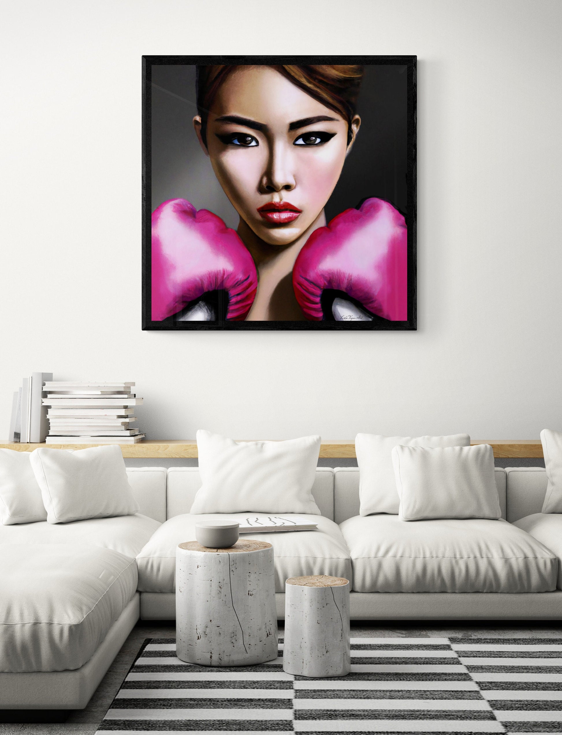 asian woman female boxer with pink gloves, powerful woman, feminist art, boxing art, wall art living room framed, framed bedroom wall art - LOLA VEGAS ART