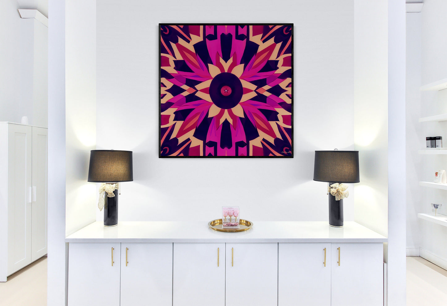fuchsia abstract tribal framed canvas wall art, wall art living room framed, southwestern wall art, framed canvas bedroom art, contemporary - LOLA VEGAS ART