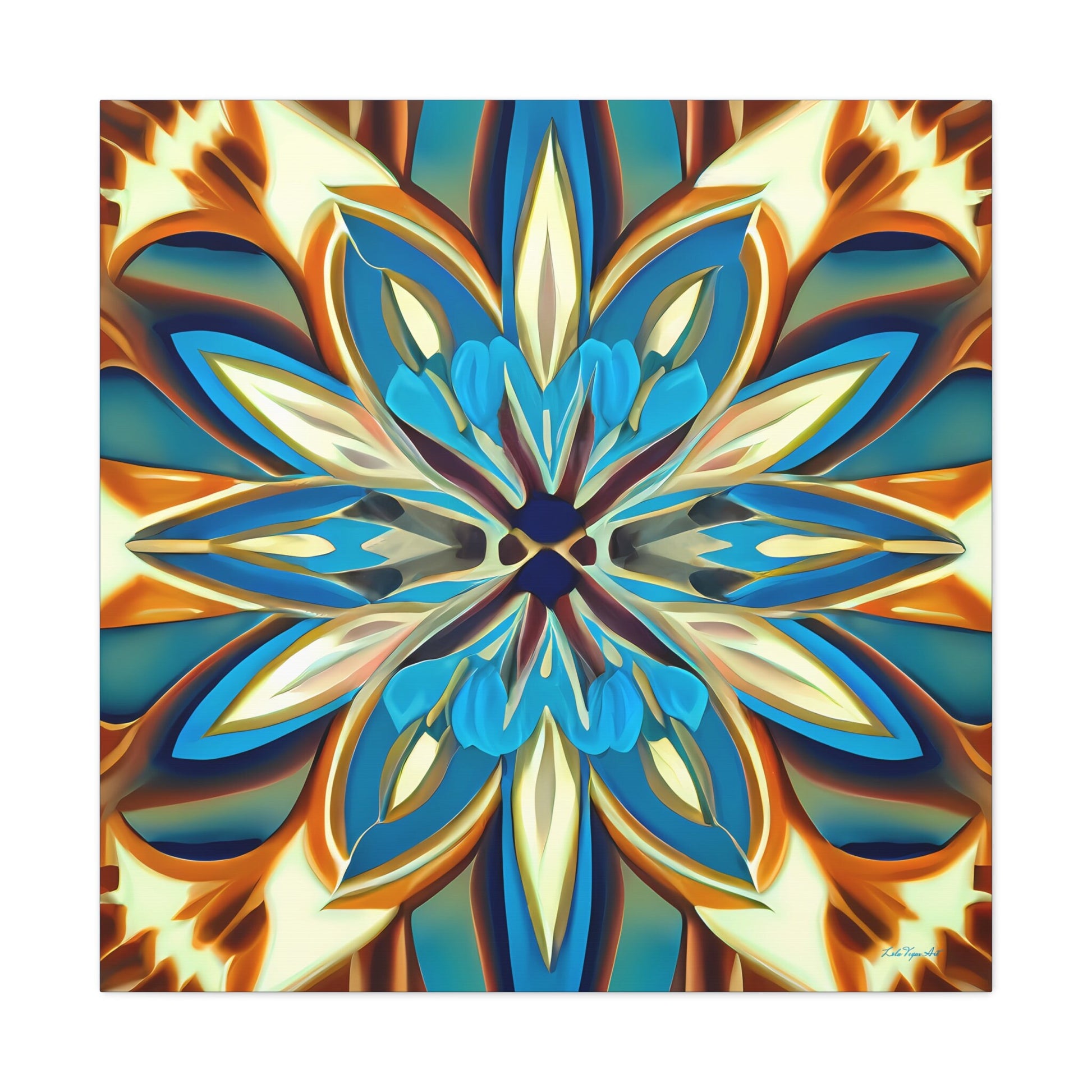 shades of blue, creme and carmel abstract tropical flower canvas wall art, art deco wall art, feminine art, elegant art, ready to hang - LOLA VEGAS ART