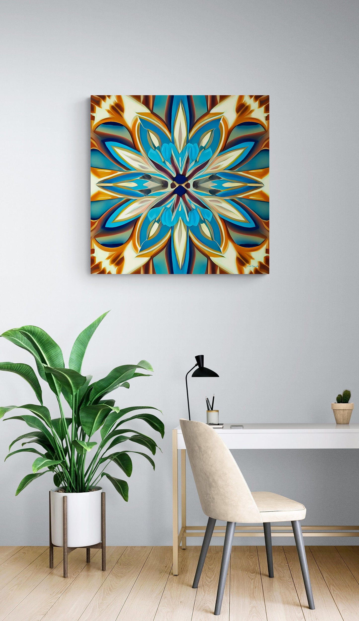 shades of blue, creme and carmel abstract tropical flower canvas wall art, art deco wall art, feminine art, elegant art, ready to hang - LOLA VEGAS ART