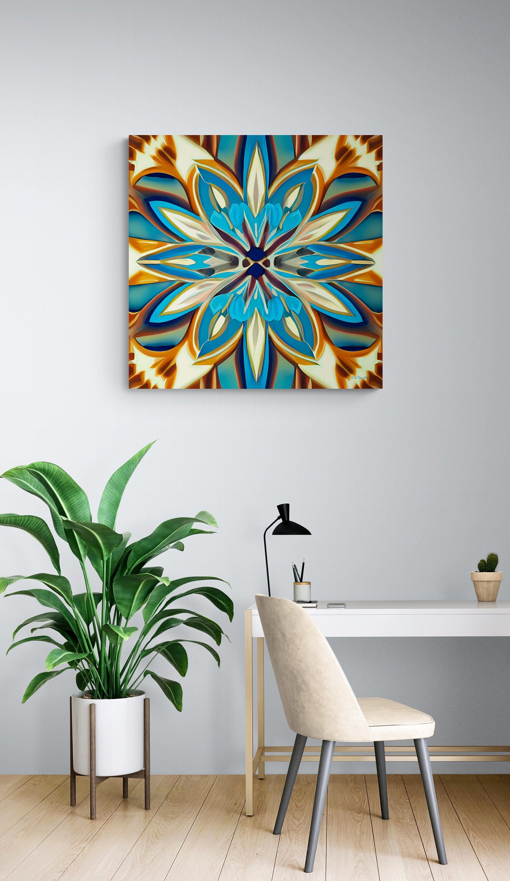 shades of blue, creme and carmel abstract tropical flower canvas wall art, art deco wall art, feminine art, elegant art, ready to hang - LOLA VEGAS ART