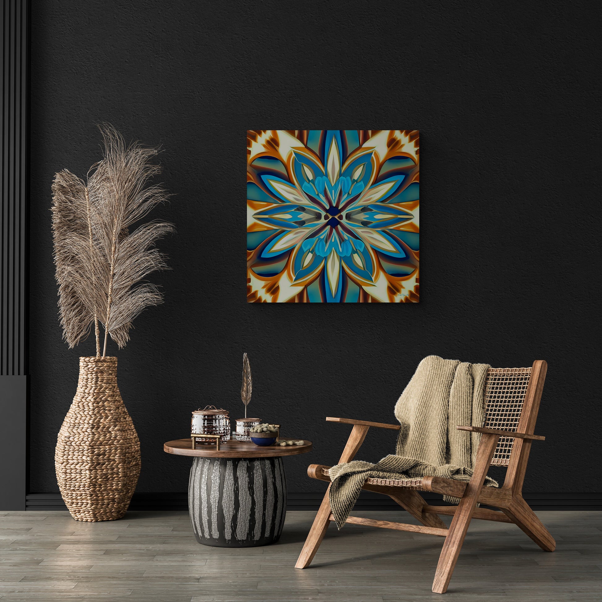 shades of blue, creme and carmel abstract tropical flower canvas wall art, art deco wall art, feminine art, elegant art, ready to hang - LOLA VEGAS ART