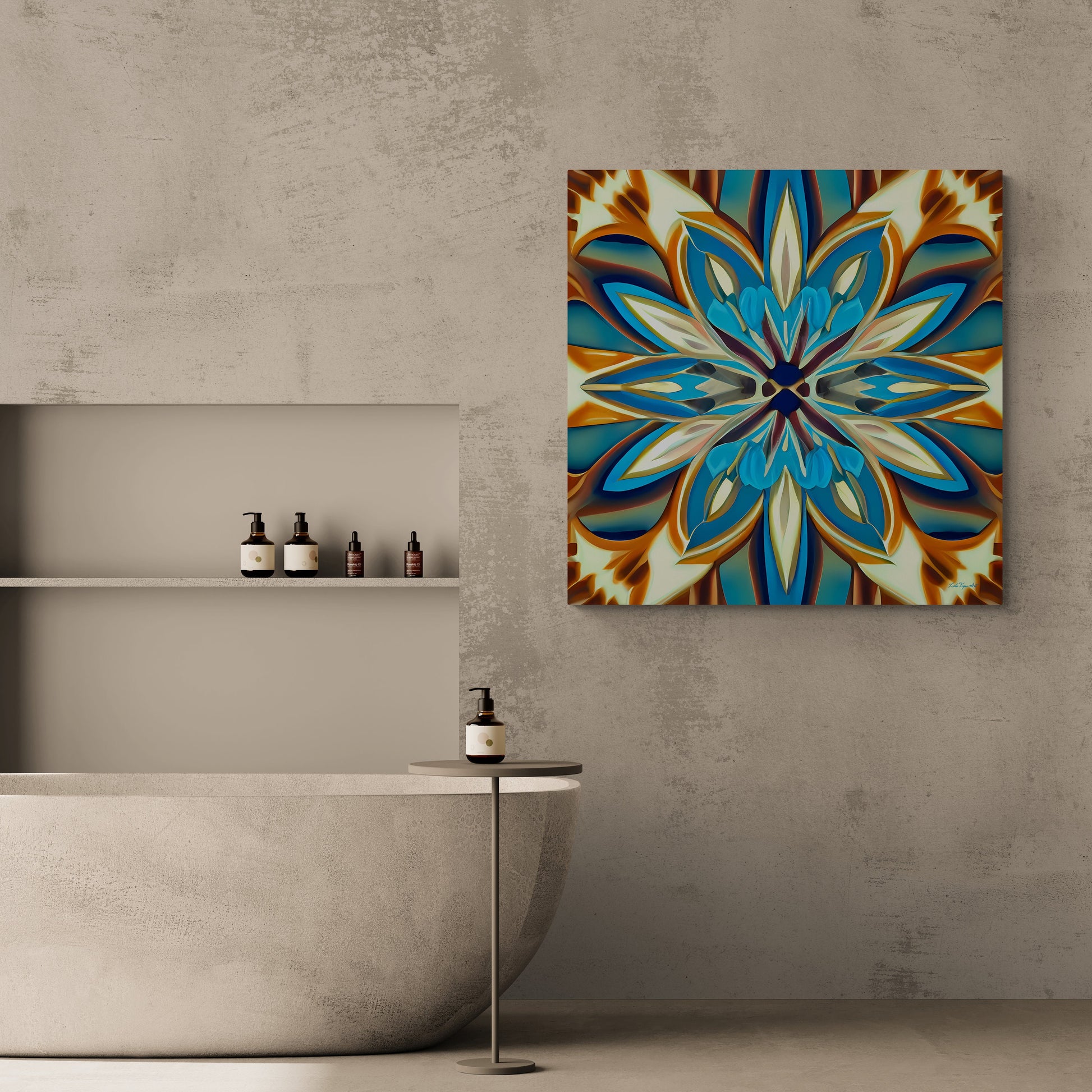 shades of blue, creme and carmel abstract tropical flower canvas wall art, art deco wall art, feminine art, elegant art, ready to hang - LOLA VEGAS ART