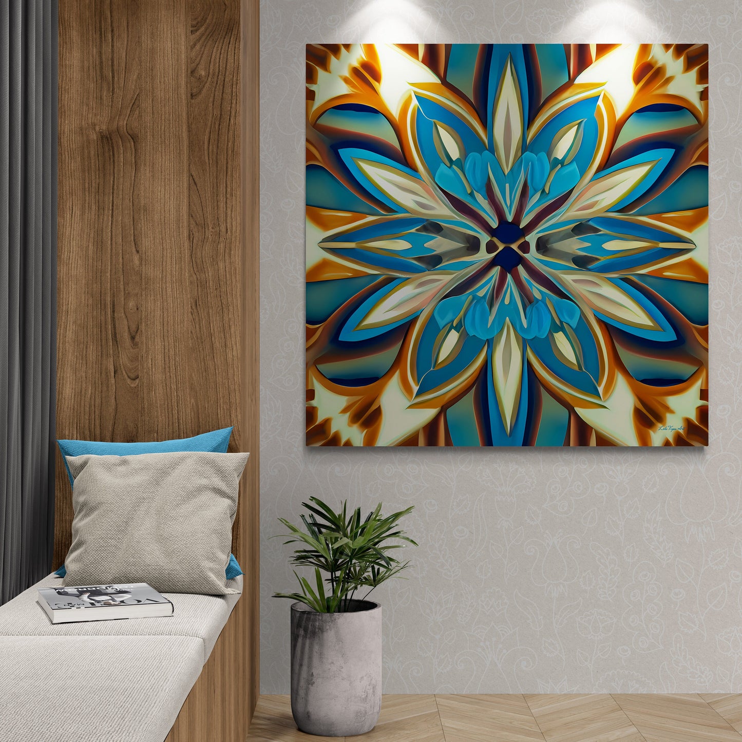 shades of blue, creme and carmel abstract tropical flower canvas wall art, art deco wall art, feminine art, elegant art, ready to hang - LOLA VEGAS ART