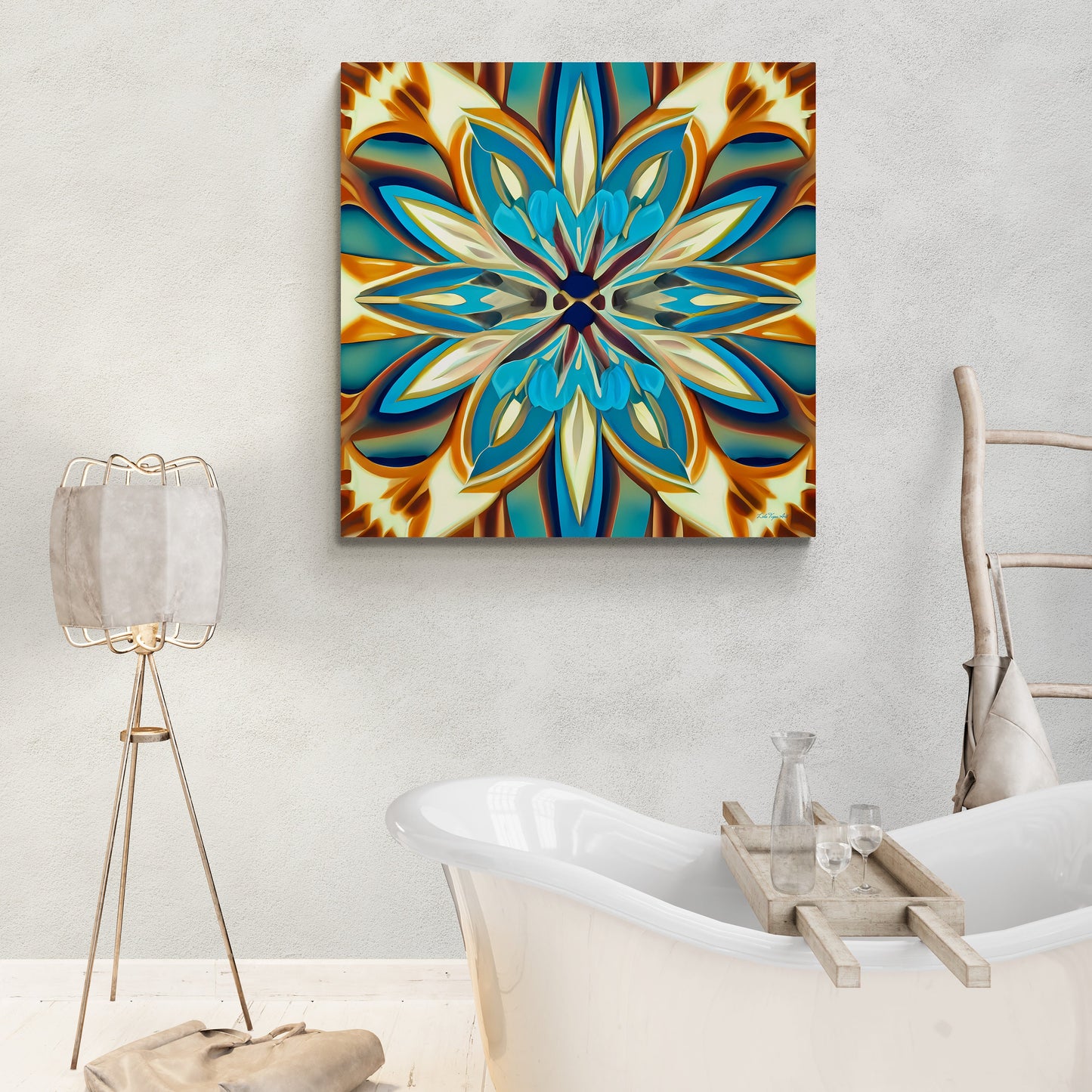 shades of blue, creme and carmel abstract tropical flower canvas wall art, art deco wall art, feminine art, elegant art, ready to hang - LOLA VEGAS ART
