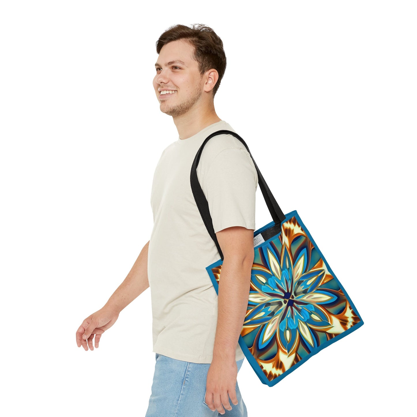 blue,creme and carmel flower canvas tote bag, gifts for women, canvas shopper, oversized bag, reusable bag, shopping bag, tote bag for women - LOLA VEGAS ART