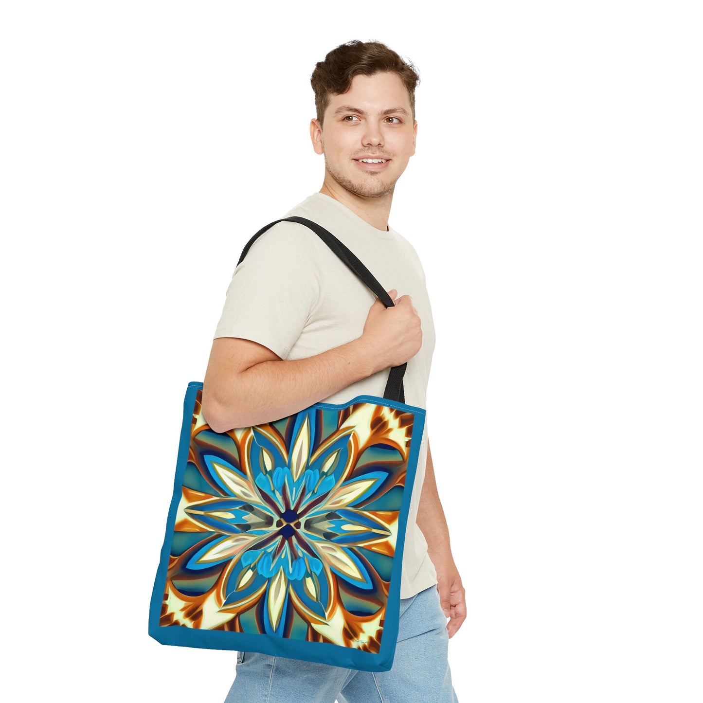 blue,creme and carmel flower canvas tote bag, gifts for women, canvas shopper, oversized bag, reusable bag, shopping bag, tote bag for women - LOLA VEGAS ART