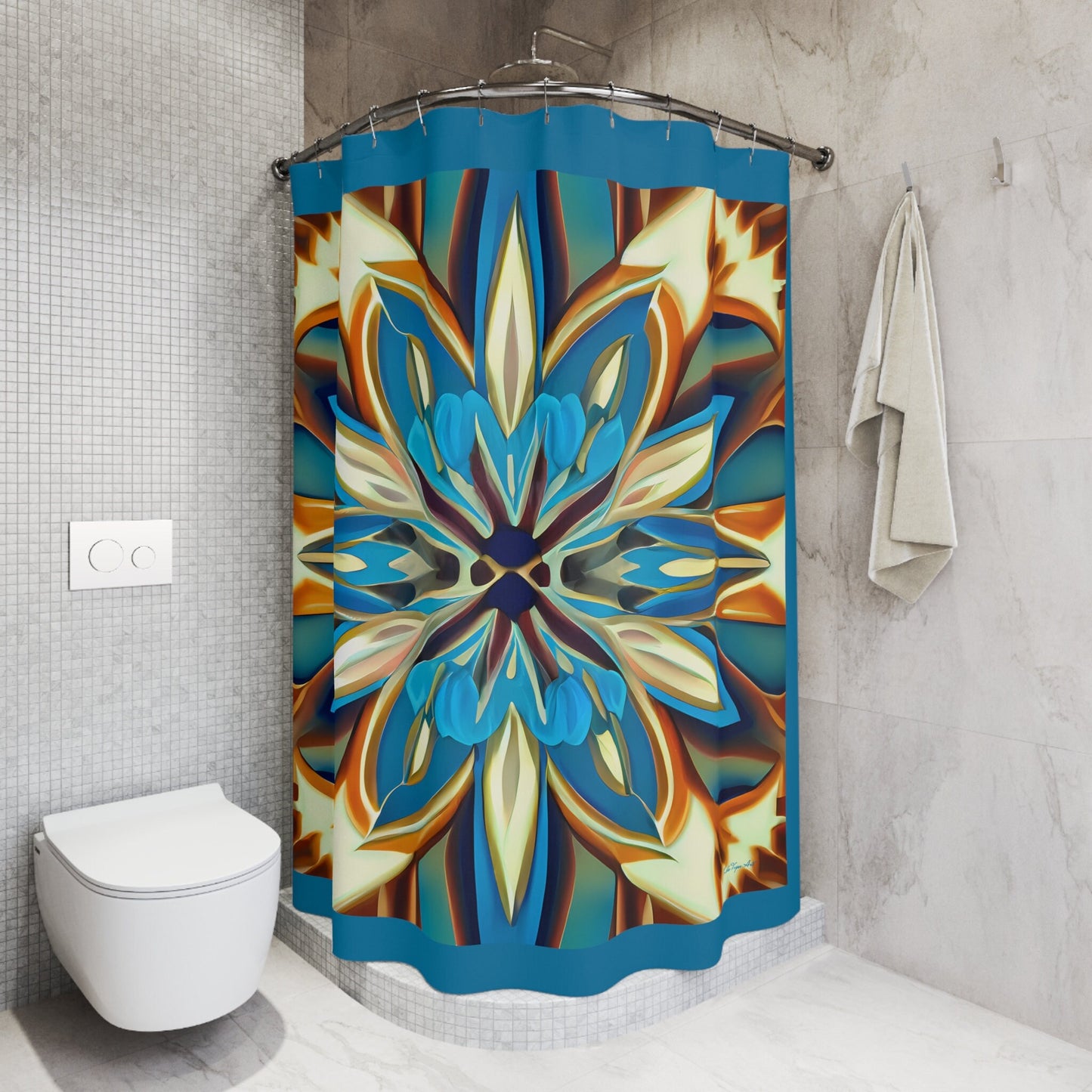 blue, creme, caramel flower shower curtain, home accessories, bathroom dcor, bathroom, home dcor, housewarming gift, shower room decor - LOLA VEGAS ART