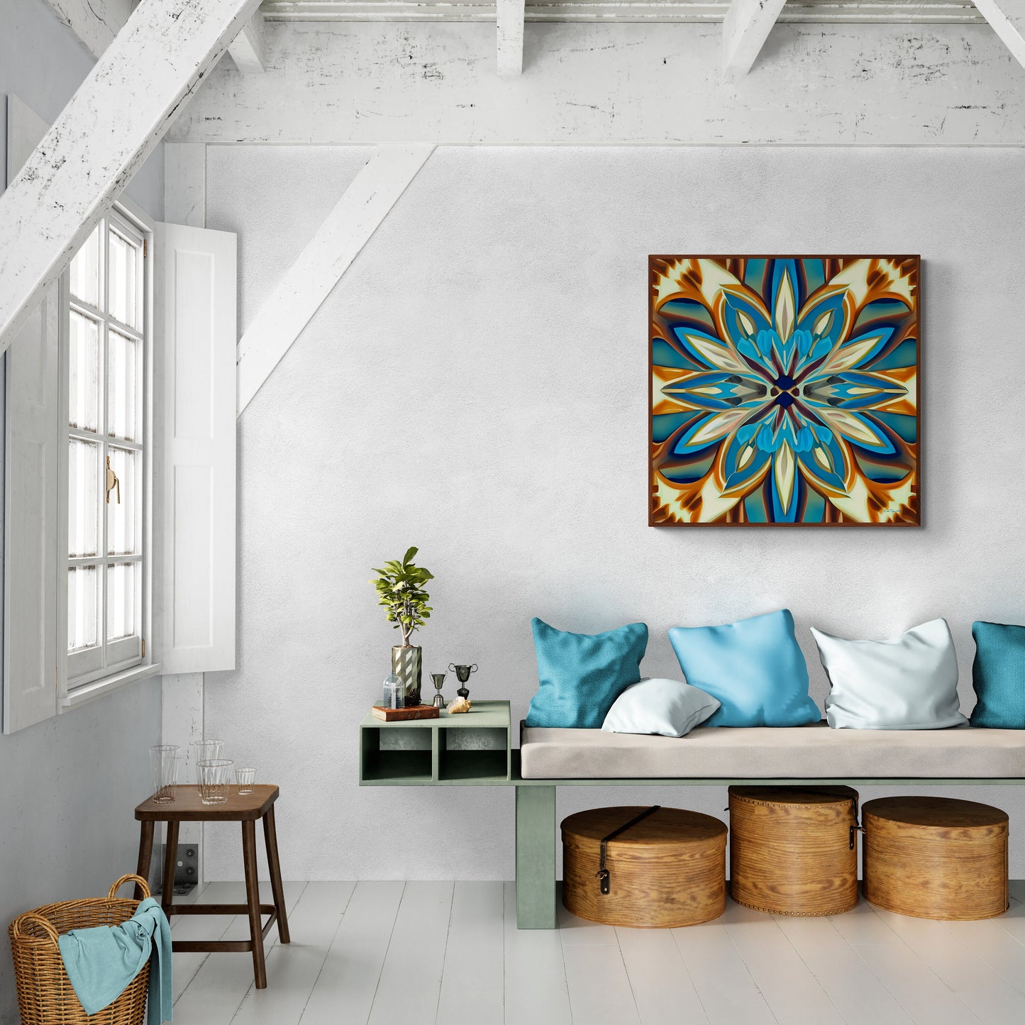 blue, creme and canvas abstract tropical flower framed canvas wall art, wall art living room framed, floral wall art, feminine wall art - LOLA VEGAS ART