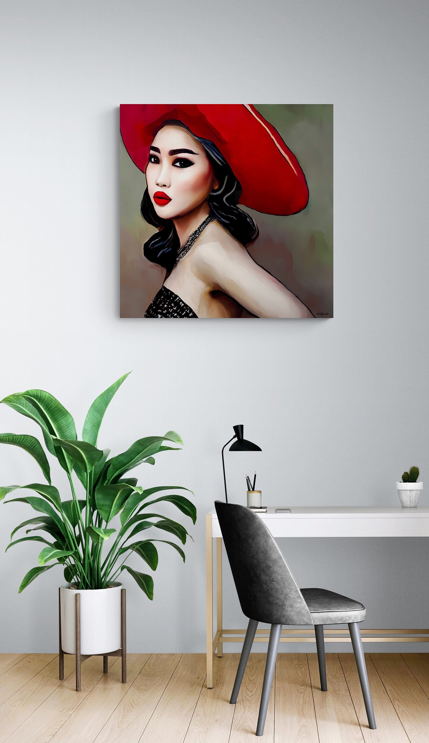 beautiful asian woman in a big red hat canvas wall art, wall art dcor, woman dcor, feminine wall art, fashion wall art, wall art woman - LOLA VEGAS ART