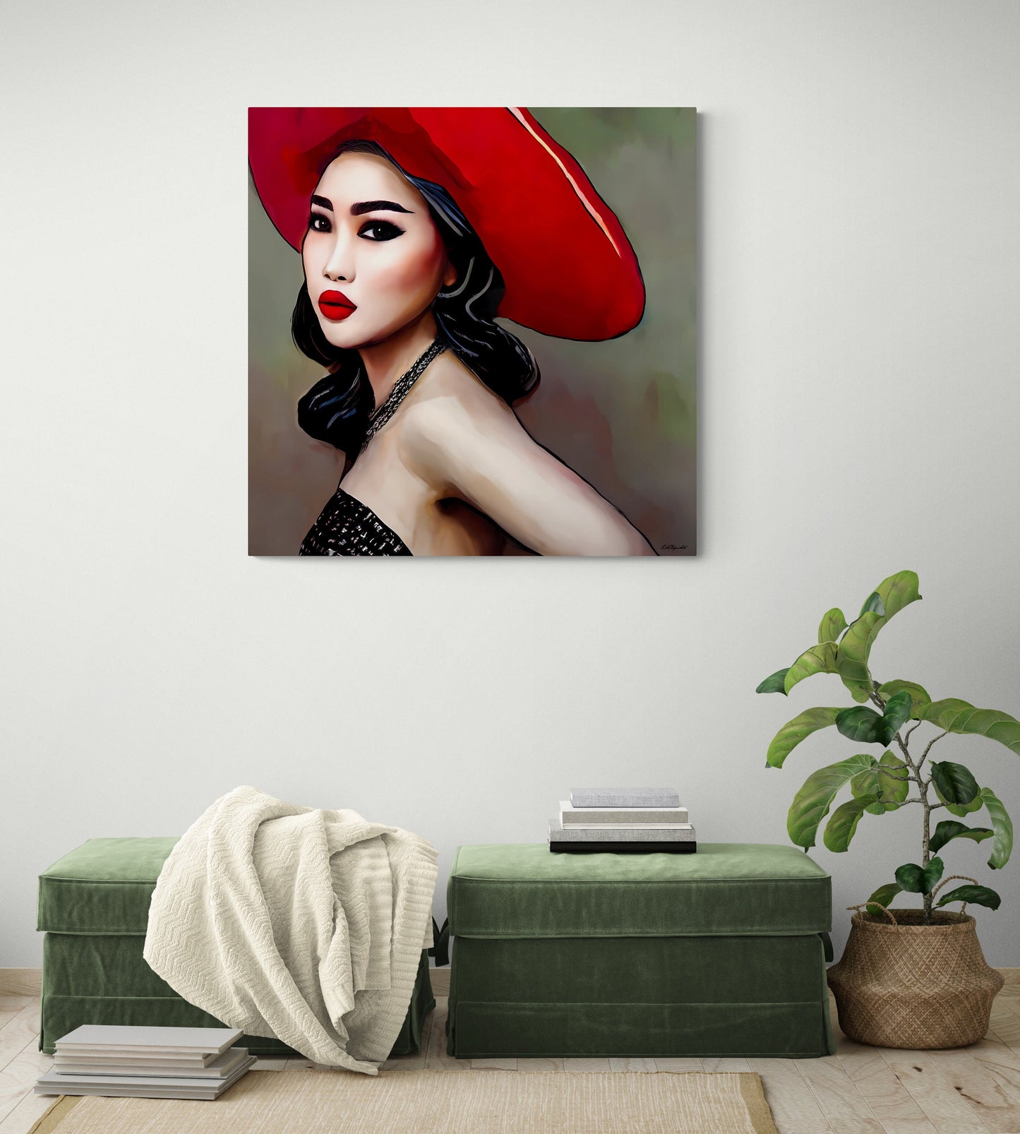 beautiful asian woman in a big red hat canvas wall art, wall art dcor, woman dcor, feminine wall art, fashion wall art, wall art woman - LOLA VEGAS ART