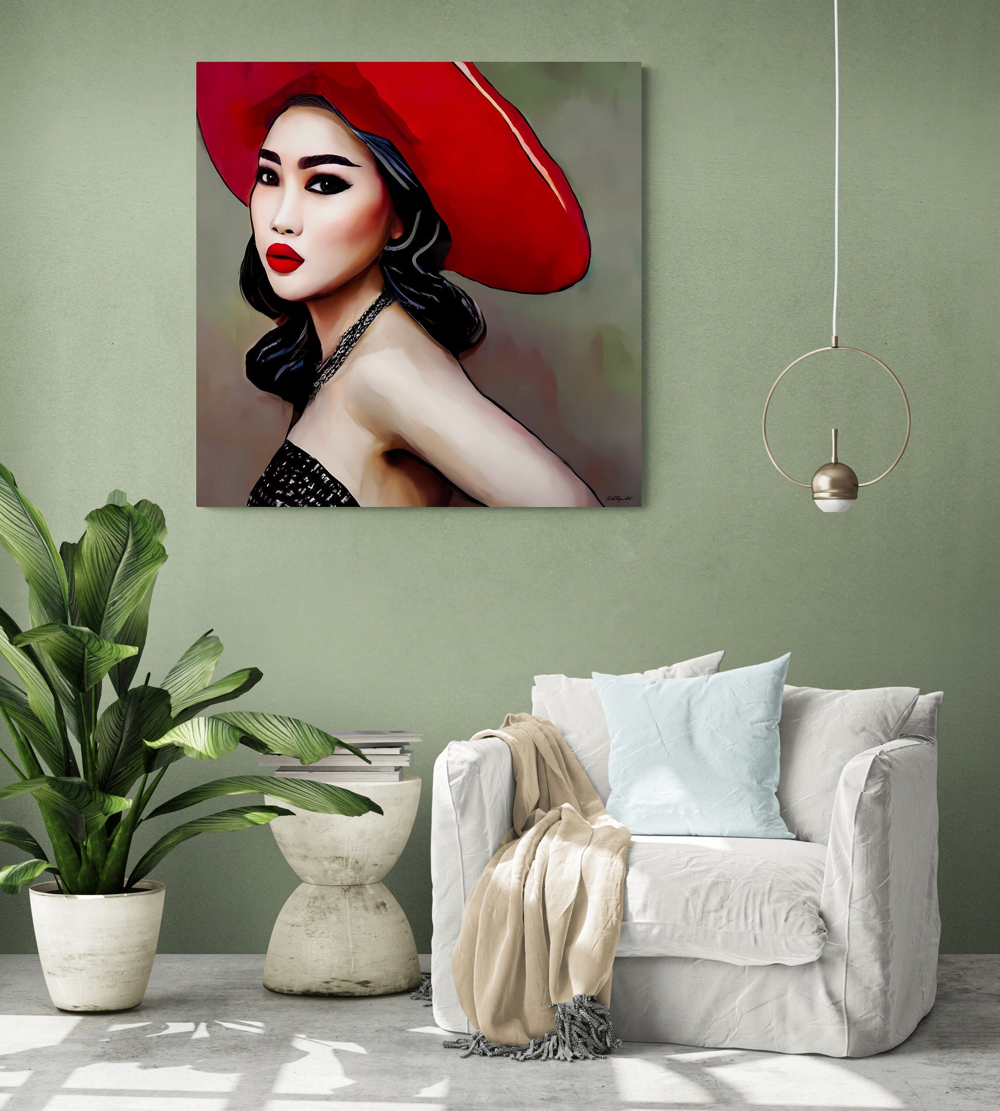 beautiful asian woman in a big red hat canvas wall art, wall art dcor, woman dcor, feminine wall art, fashion wall art, wall art woman - LOLA VEGAS ART