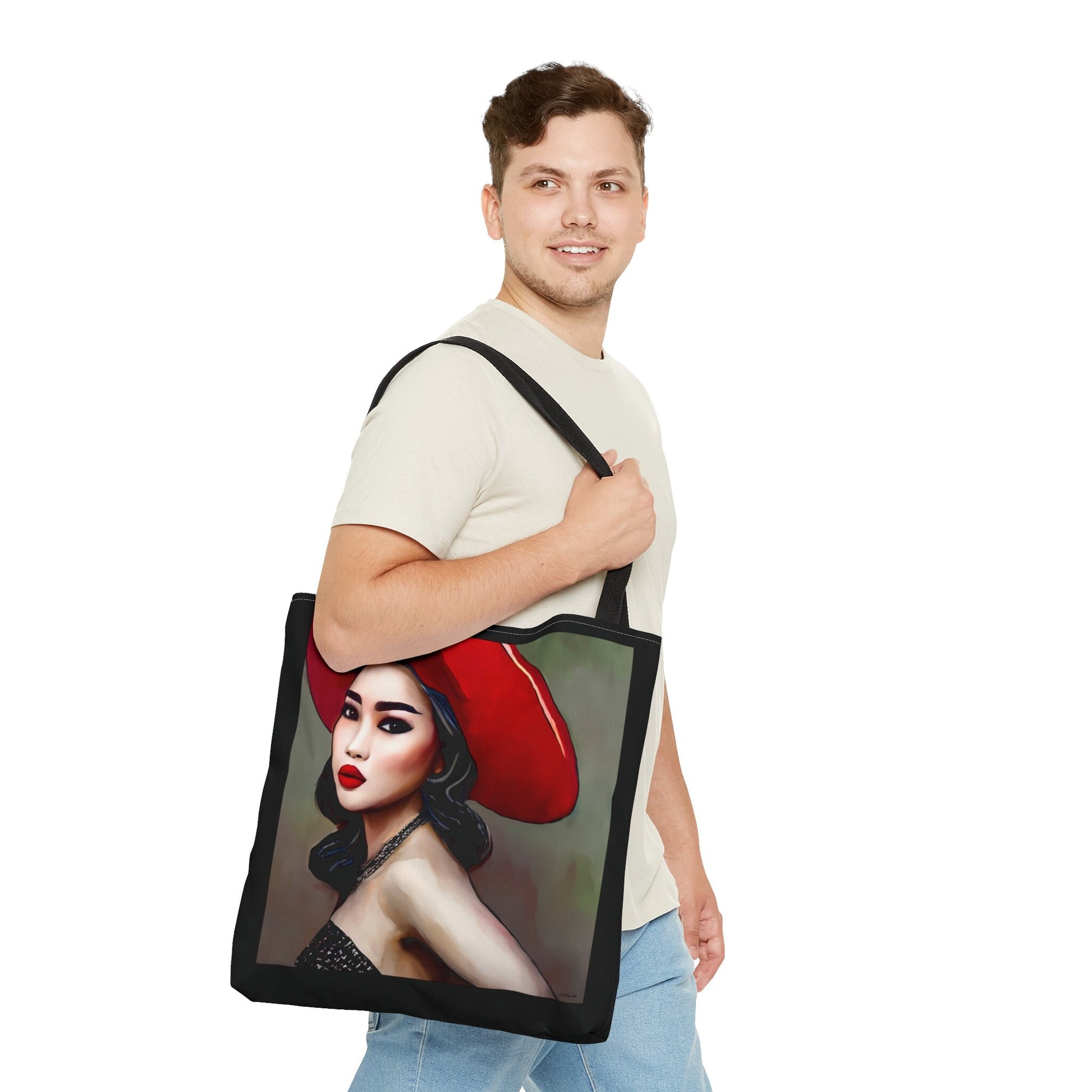 asian woman in red hat canvas tote bag, gifts for women, canvas shopper, oversized  bag, reusable bag, shopping bag, tote bag for women - LOLA VEGAS ART