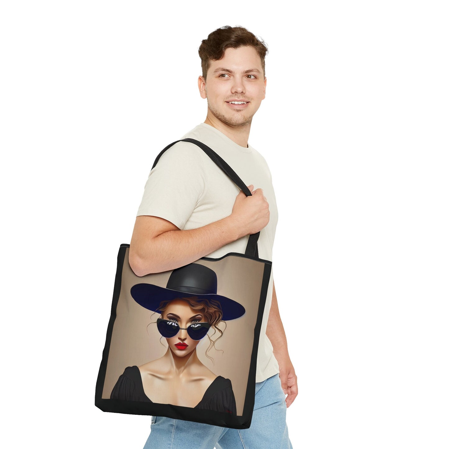 woman in sunglasses and hat canvas tote bag, gifts for women, canvas shopper, oversized bag, reusable bag, shopping bag, tote bag for women - LOLA VEGAS ART