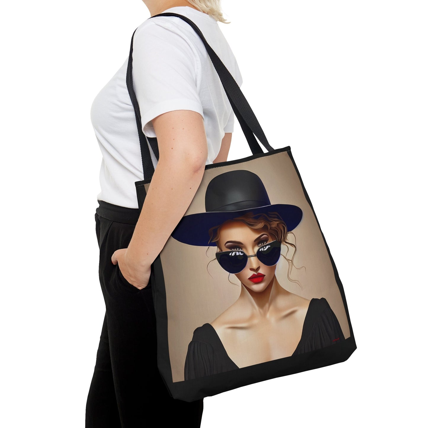 woman in sunglasses and hat canvas tote bag, gifts for women, canvas shopper, oversized bag, reusable bag, shopping bag, tote bag for women - LOLA VEGAS ART