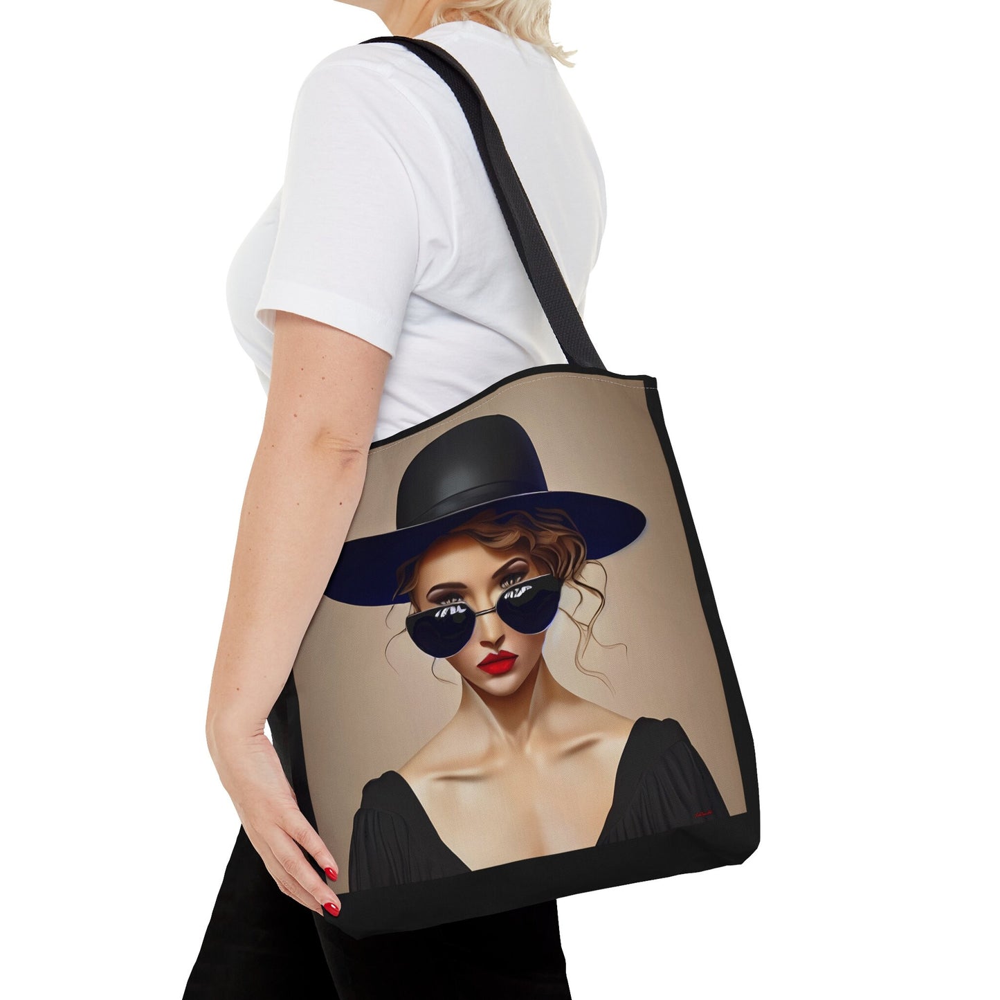 woman in sunglasses and hat canvas tote bag, gifts for women, canvas shopper, oversized bag, reusable bag, shopping bag, tote bag for women - LOLA VEGAS ART