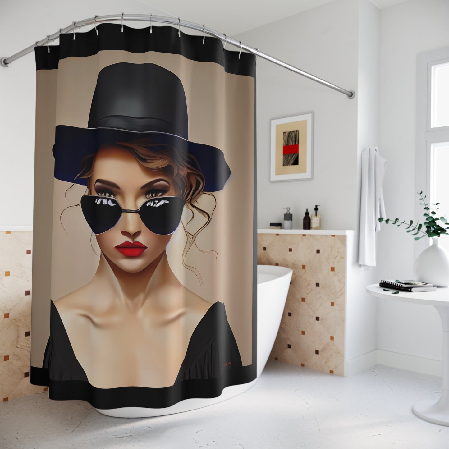 woman in sunglasses and hat shower curtain, home accessories, bathroom dcor, bathroom, home dcor, housewarming gift, shower room decor - LOLA VEGAS ART