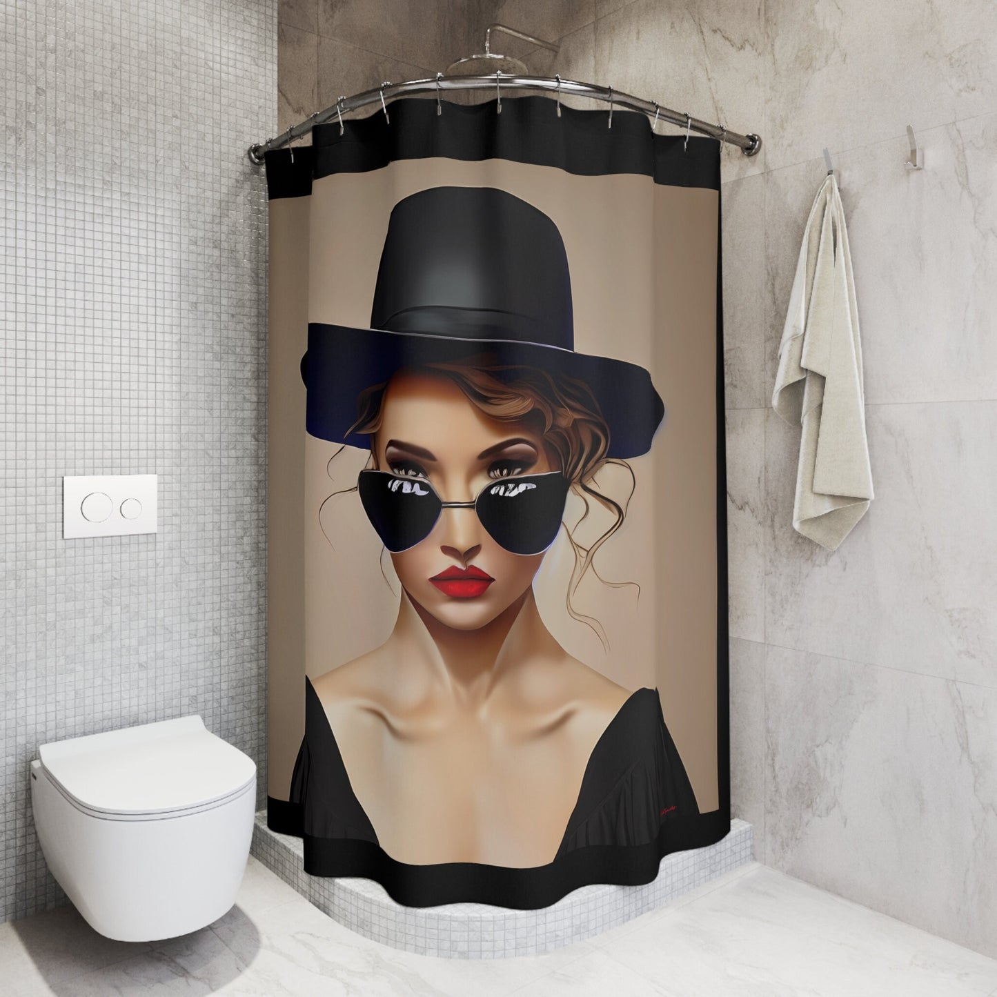 woman in sunglasses and hat shower curtain, home accessories, bathroom dcor, bathroom, home dcor, housewarming gift, shower room decor - LOLA VEGAS ART