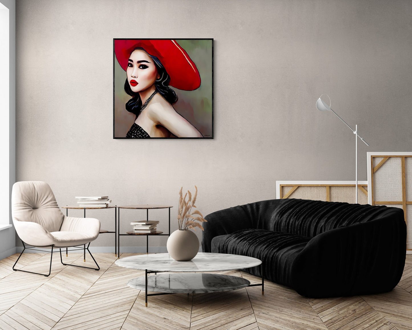 beautiful asian woman in red hat framed canvas wall art, wall art living room framed, framed woman wall decor, feminine framed wall art - LOLA VEGAS ART