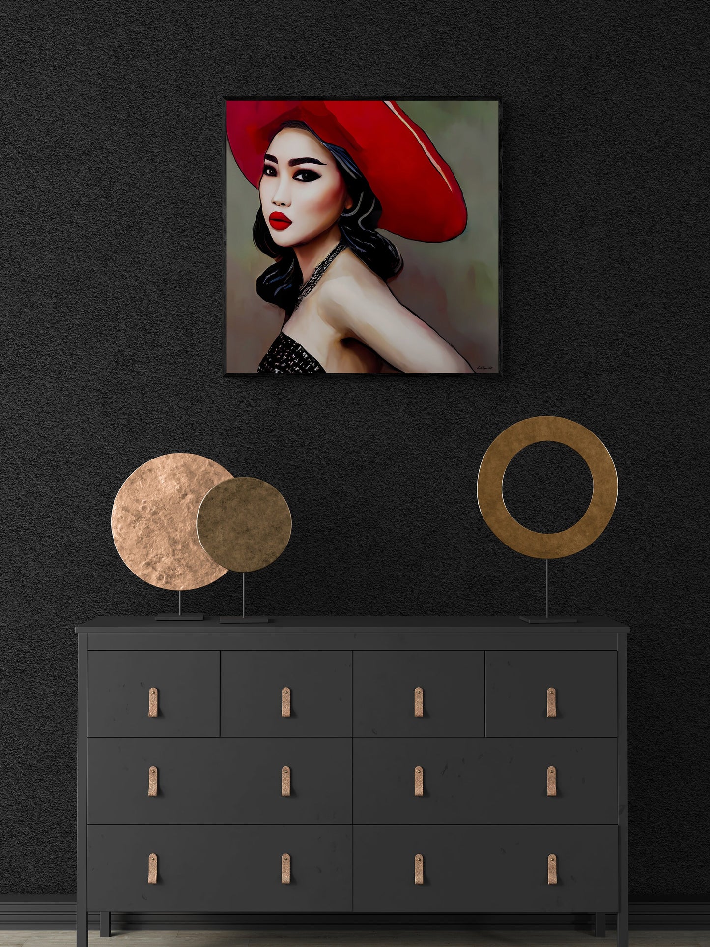 beautiful asian woman in red hat framed canvas wall art, wall art living room framed, framed woman wall decor, feminine framed wall art - LOLA VEGAS ART