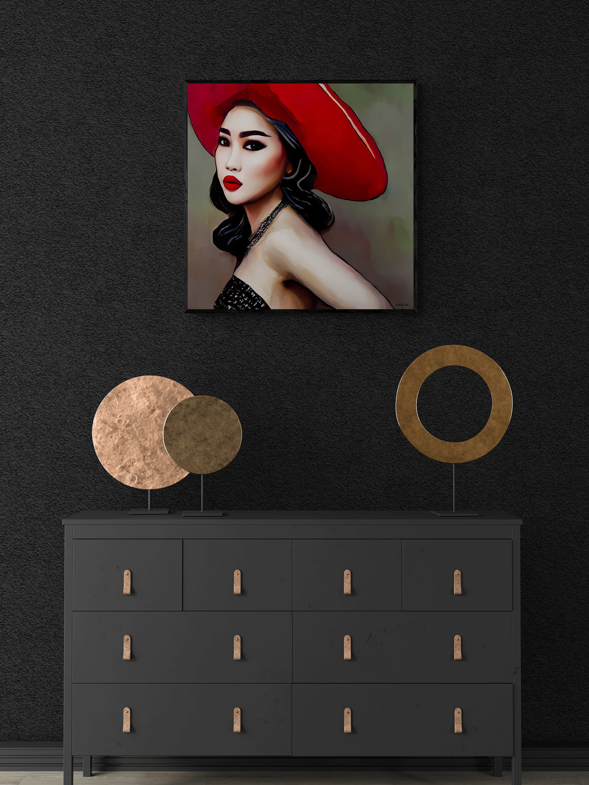 beautiful asian woman in red hat framed canvas wall art, wall art living room framed, framed woman wall decor, feminine framed wall art - LOLA VEGAS ART