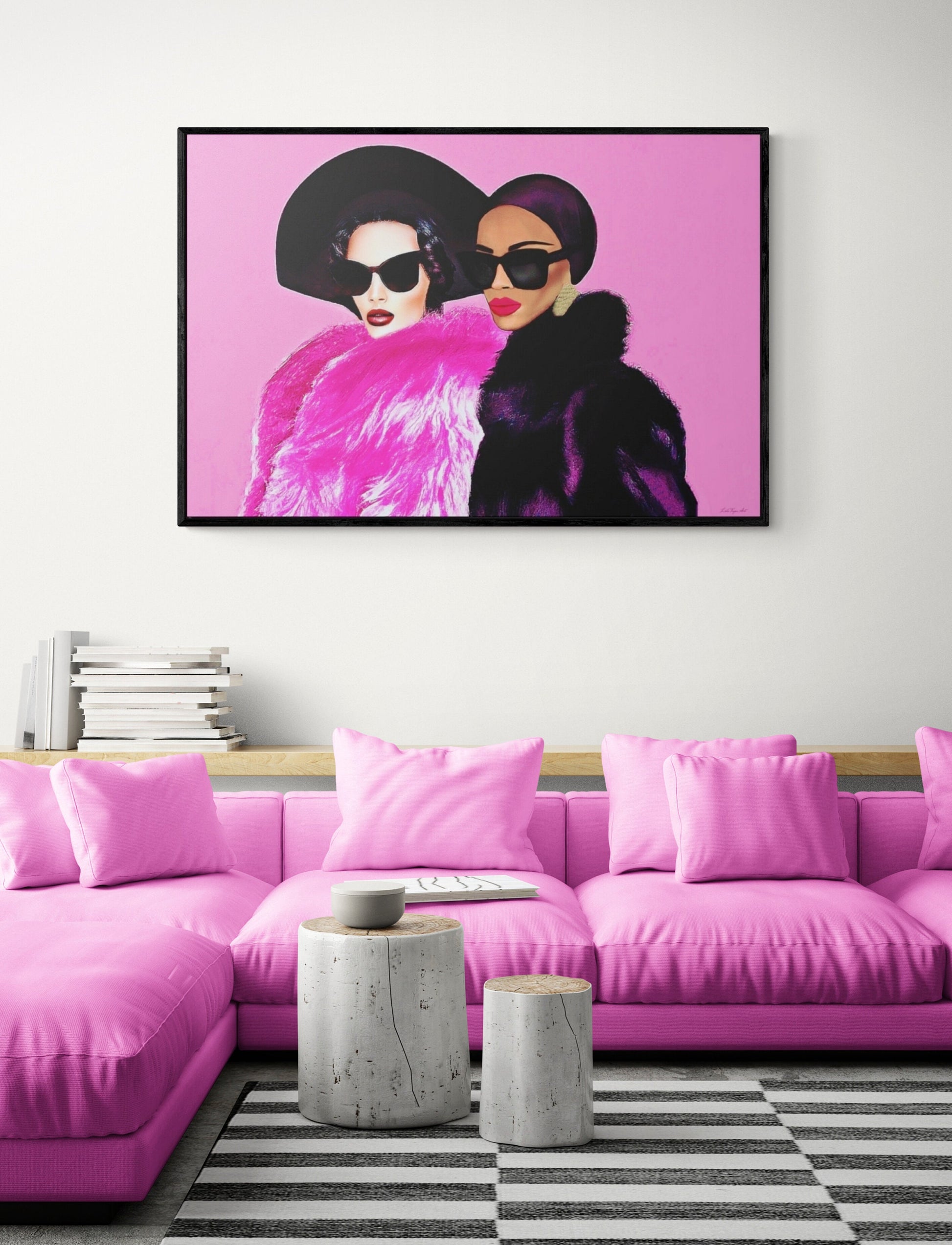 two women latina and black in fur coats and hats framed canvas wall art, wall art living room framed, pink wall art, glamourous wall art - LOLA VEGAS ART