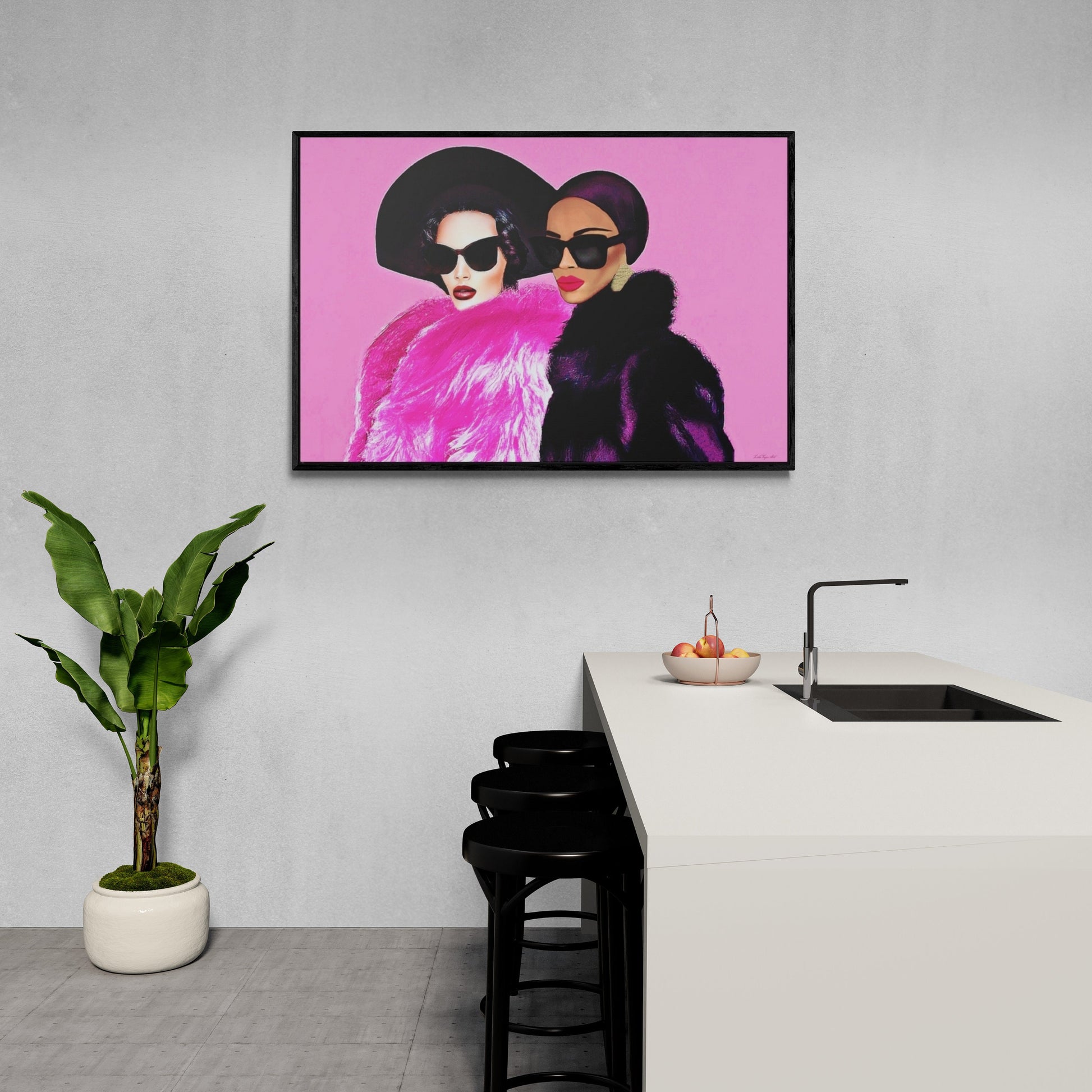 two women latina and black in fur coats and hats framed canvas wall art, wall art living room framed, pink wall art, glamourous wall art - LOLA VEGAS ART