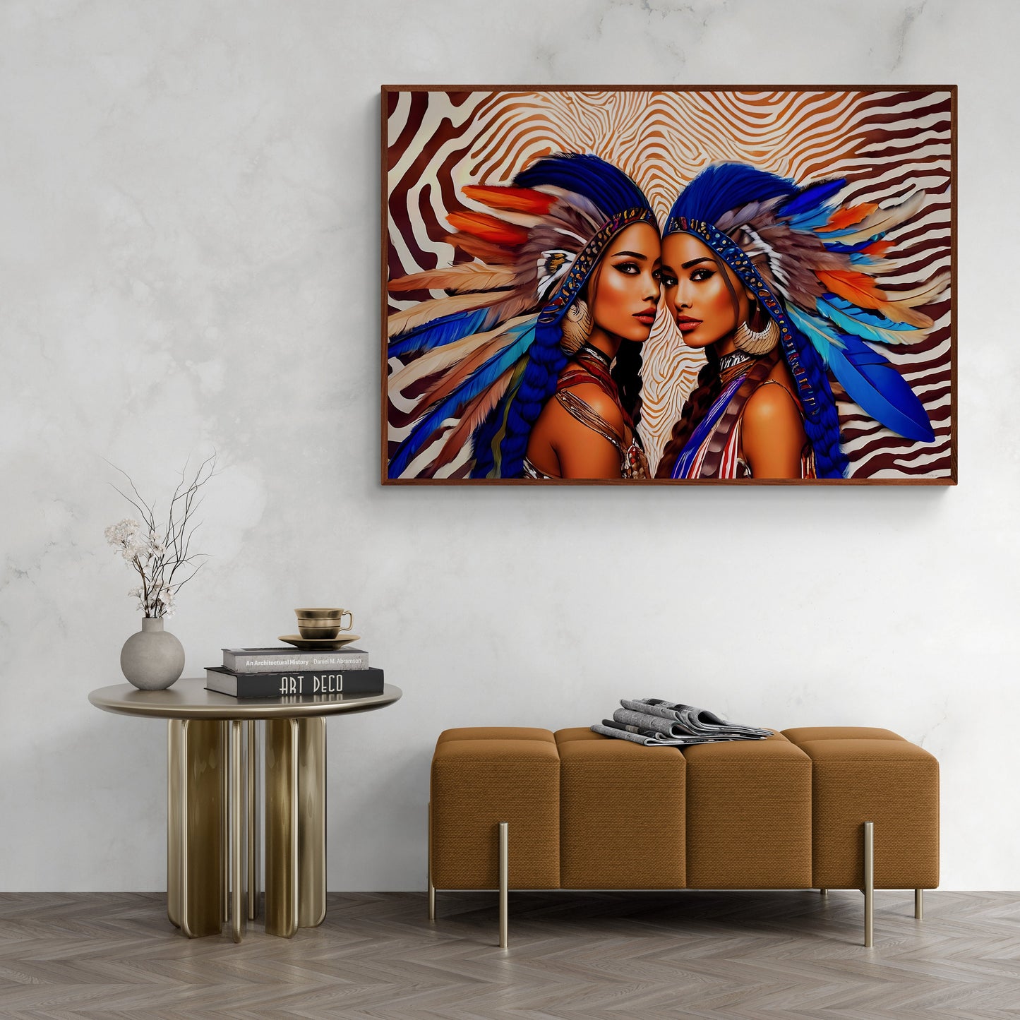 beautiful native american women in feather headdress framed canvas wall art, framed wall art for living room, american indian, southwestern - LOLA VEGAS ART