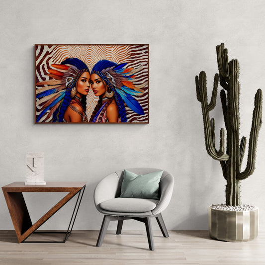 beautiful native american women in feather headdress framed canvas wall art, framed wall art for living room, american indian, southwestern - LOLA VEGAS ART