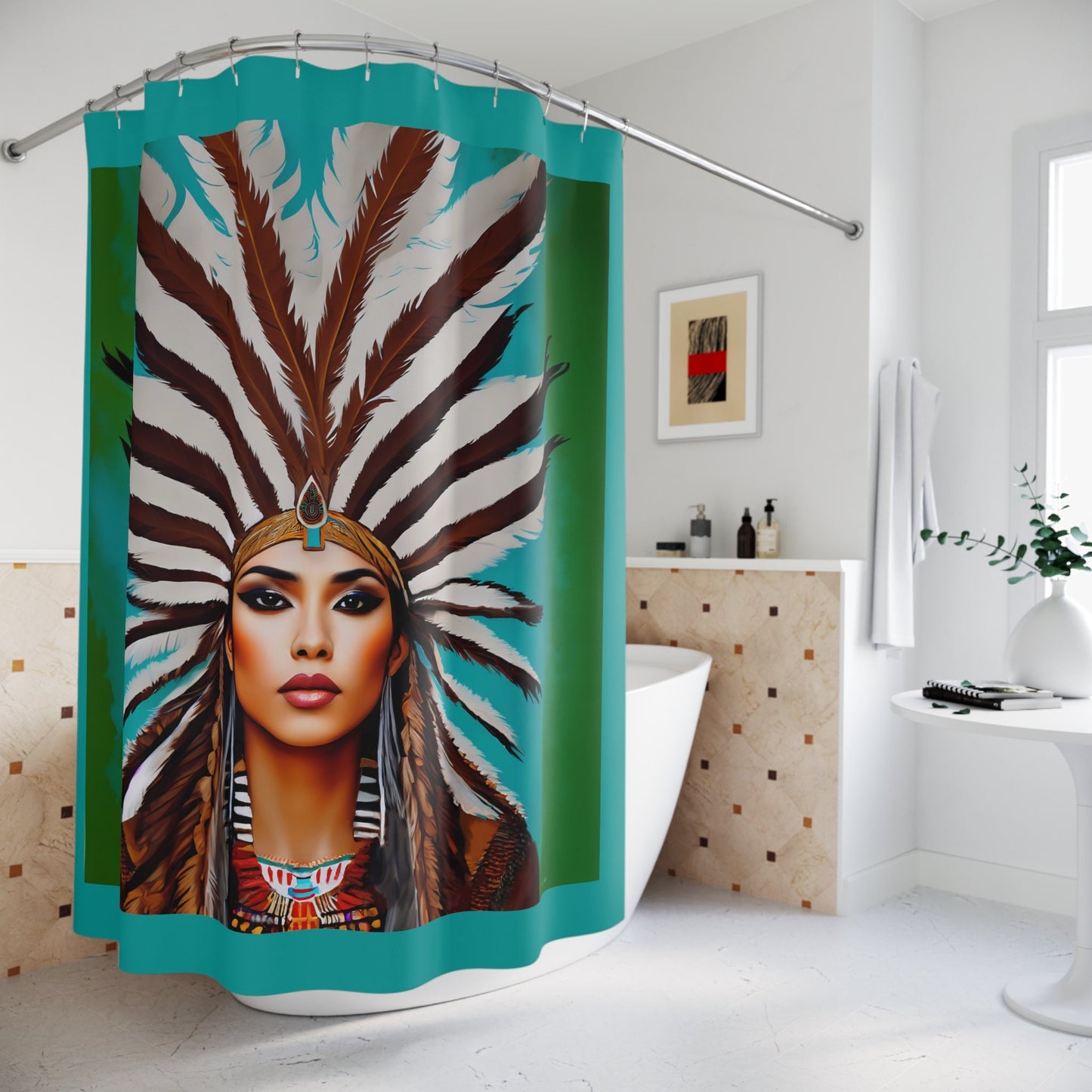 beautiful native american woman shower curtain, , home accessories, bathroom dcor, home dcor, housewarming gift, shower room decor - LOLA VEGAS ART