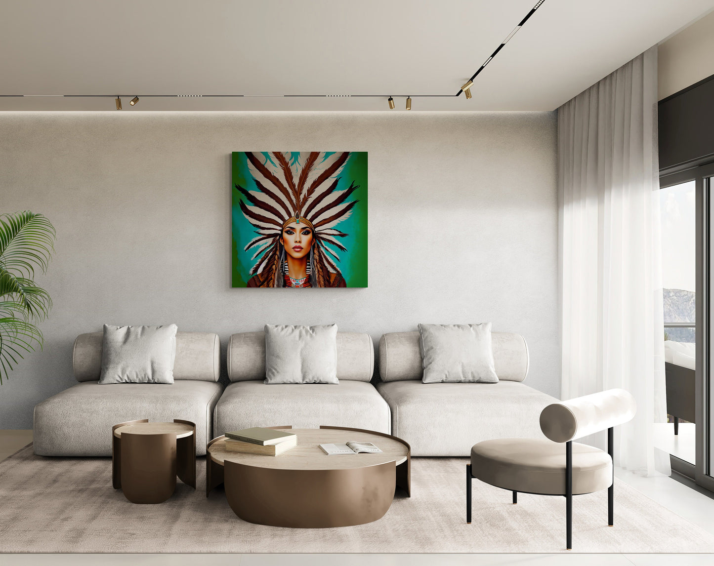 beautiful native american woman in a feather headdress canvas wall art, southwestern art, american indian art, portrait art, boho wall art - LOLA VEGAS ART