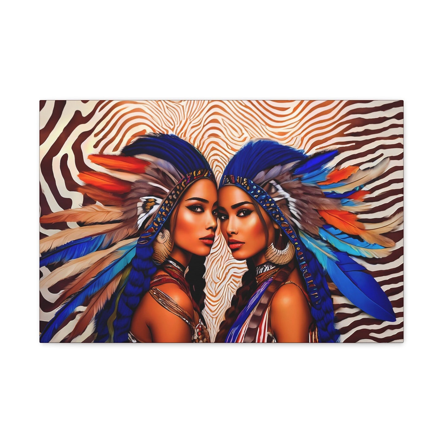 two beautiful  woman in feather headdresses canvas wall art, wall art, southwestern art - LOLA VEGAS ART