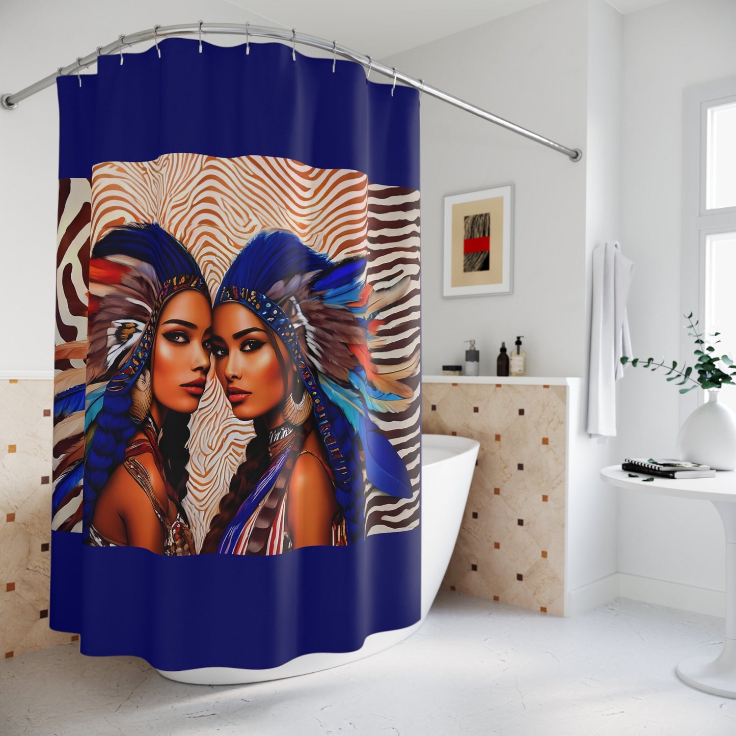 two beautiful women with feather headdress shower curtain, home accessories, bathroom decor, home decor, shower room decor - LOLA VEGAS ART