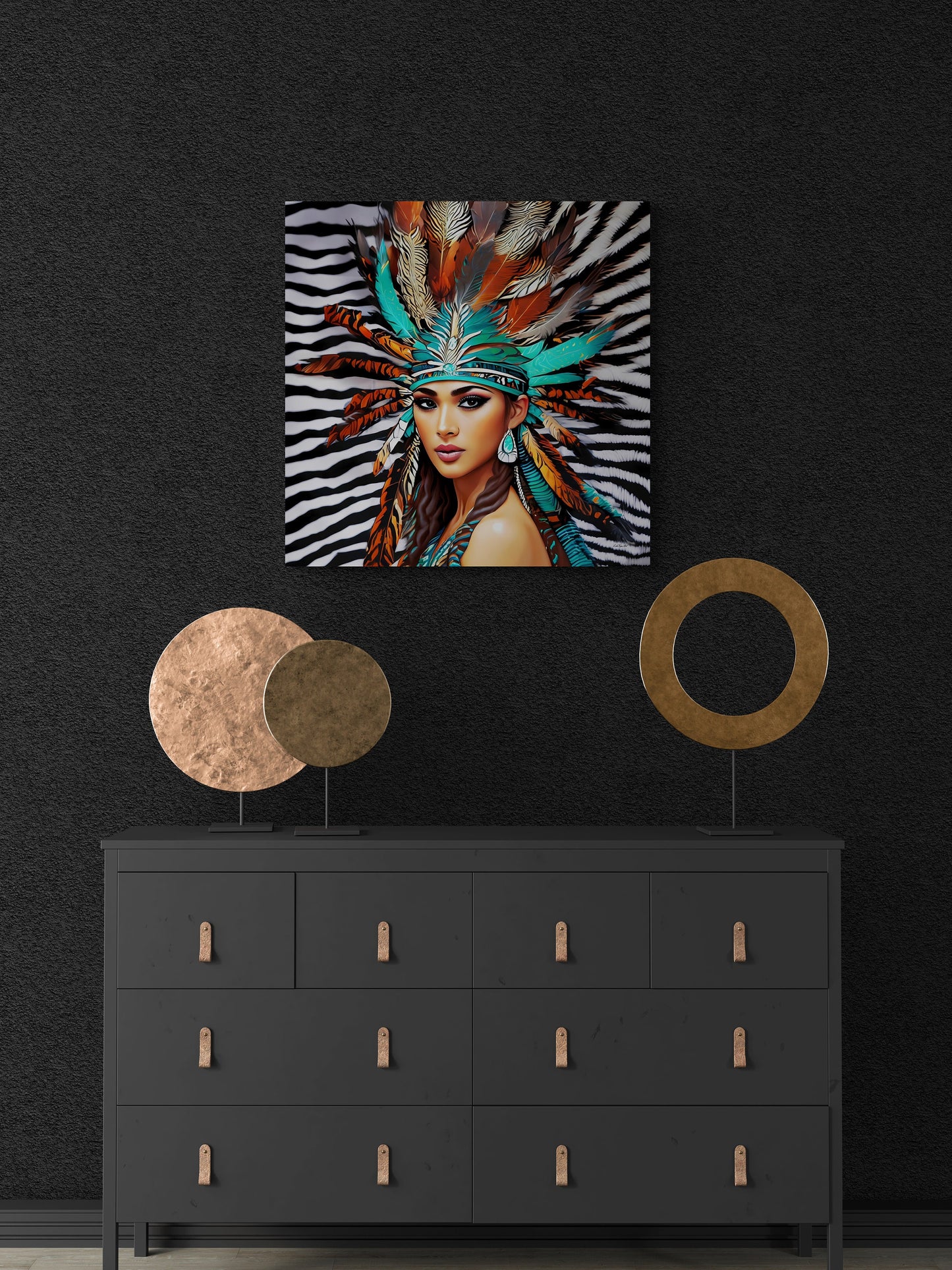 beautiful native american woman with feather headdress canvas wall art, animal print art, southwestern art, portrait wall art, feminine art - LOLA VEGAS ART