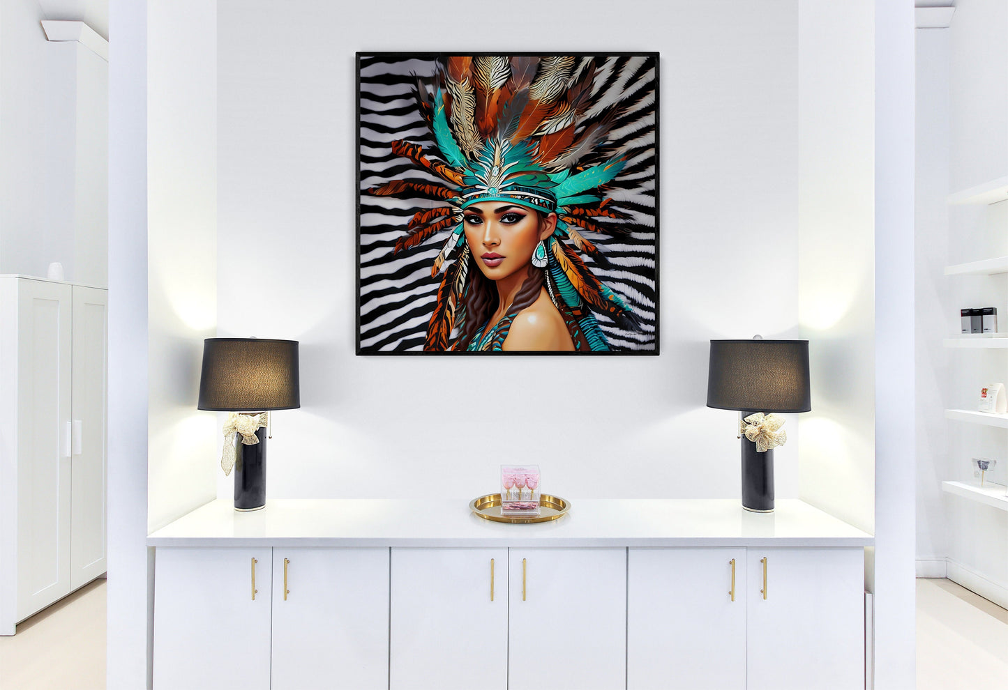 beautiful native american woman framed canvas wall art, framed living room wall art, framed southwestern wall art, american indian wall art - LOLA VEGAS ART