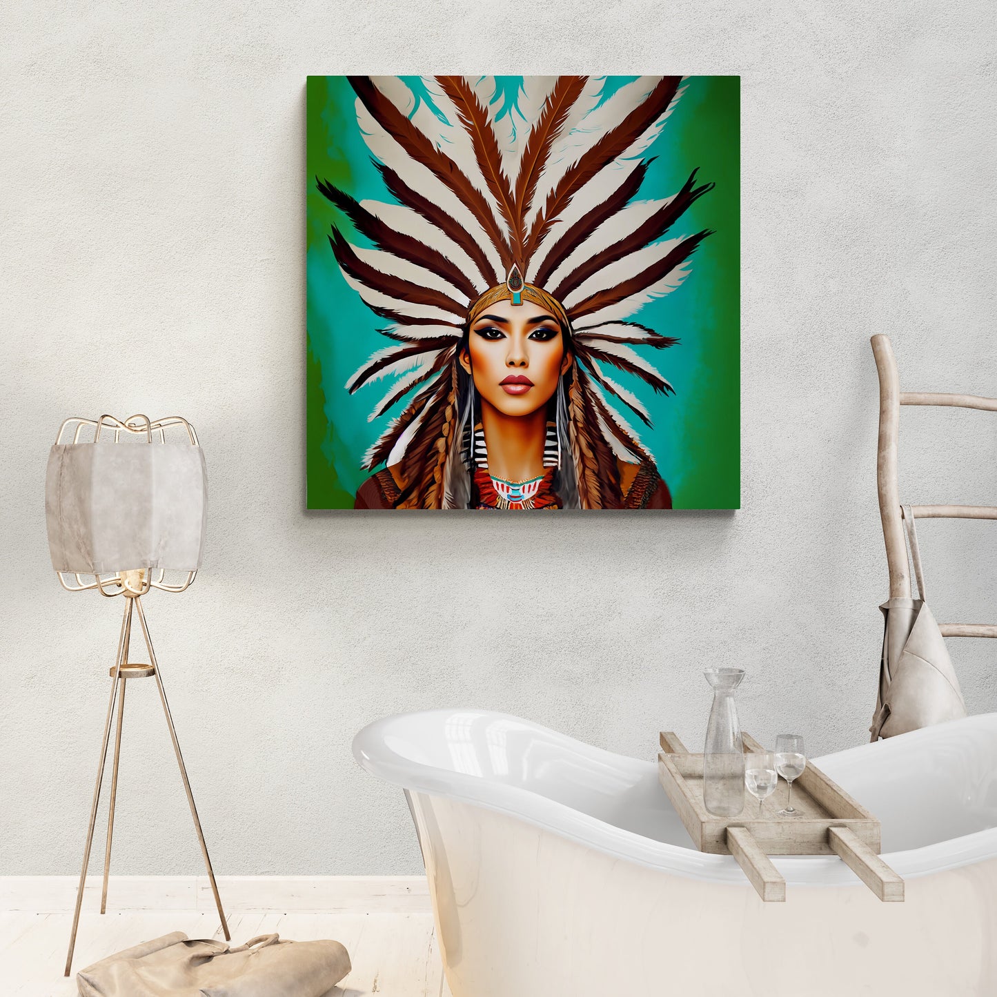 beautiful native american woman in a feather headdress canvas wall art, southwestern art, american indian art, portrait art, boho wall art - LOLA VEGAS ART