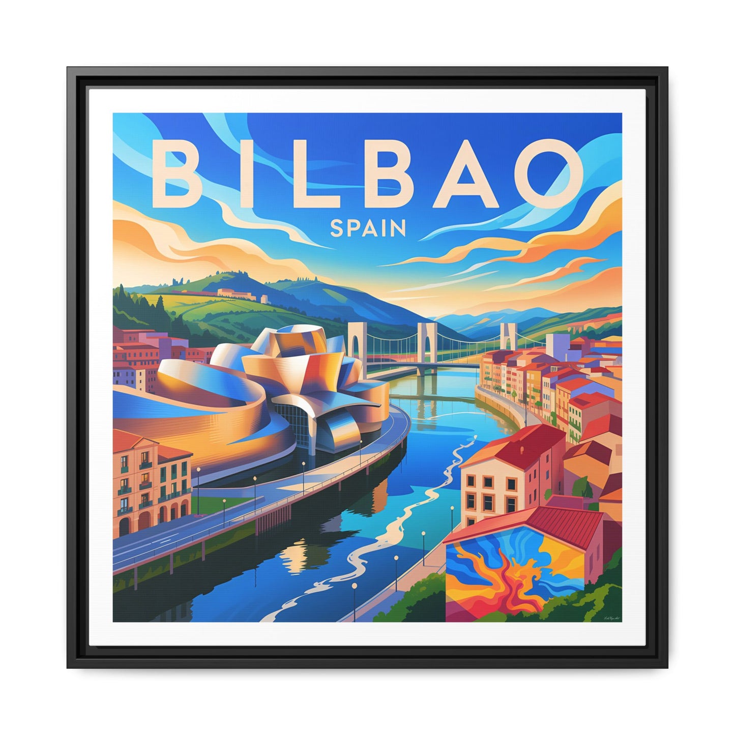 Bilbao Spain travel art Matte Canvas Framed | Bilbao cityscape wall art