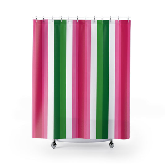 Pink and Green Vertical Stripe Shower Curtain | Bold Candy Stripe Bathroom