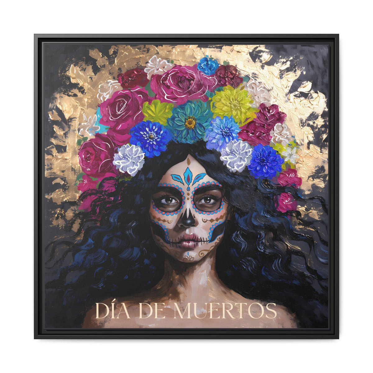 Día de Muertos Sugar Skull Woman Matte Canvas Framed | Floral Headdress Wall Art