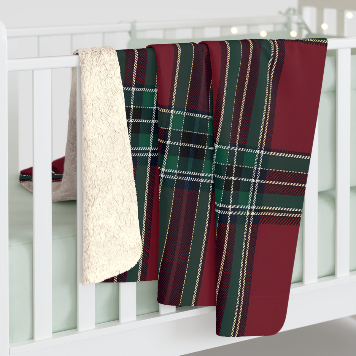 Red Green Black White Beige Tartan Plaid Sherpa Blanket | Cozy Holiday Plaid Throw
