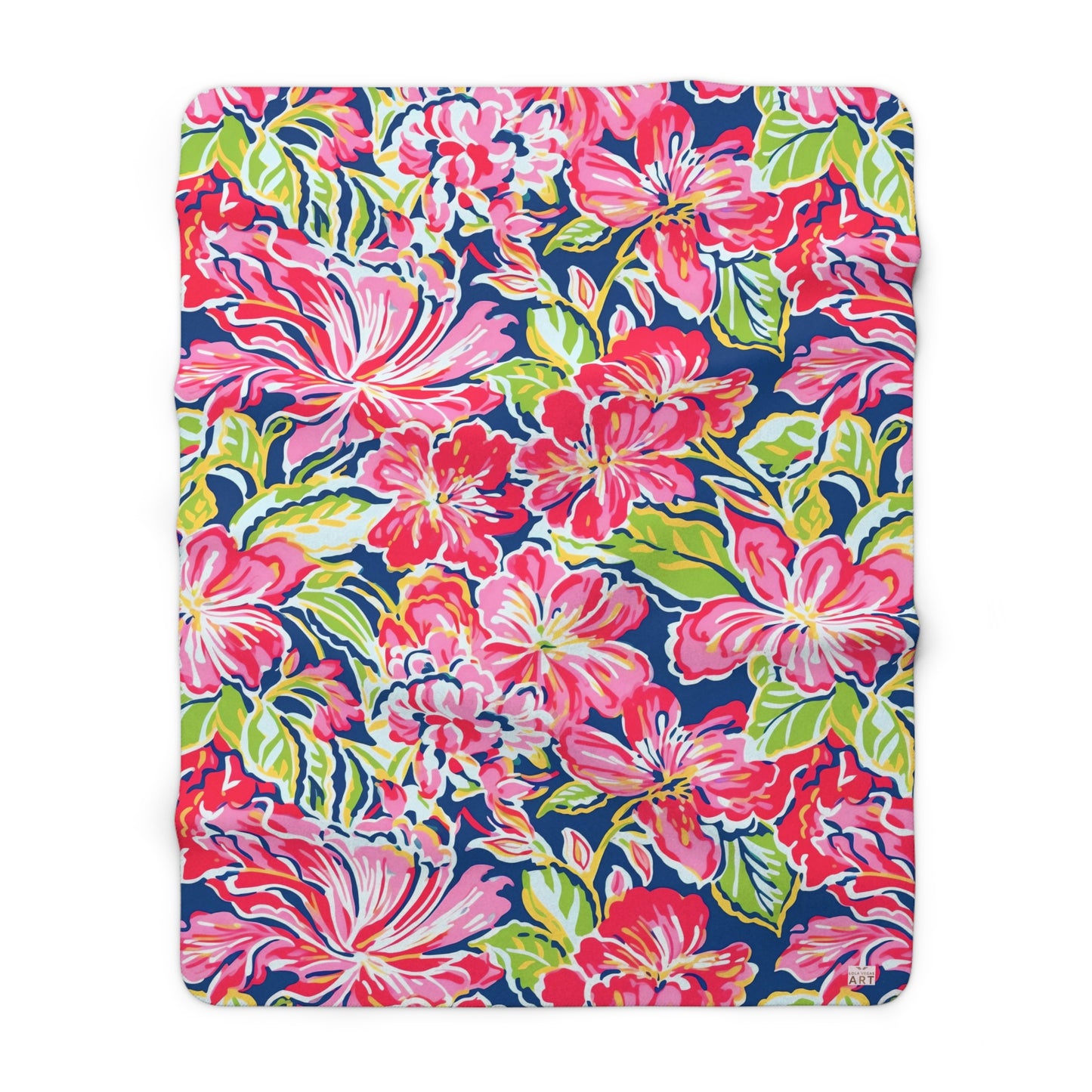 Tropical Floral Pattern Sherpa Fleece Blanket | Red Pink Green Hibiscus Print